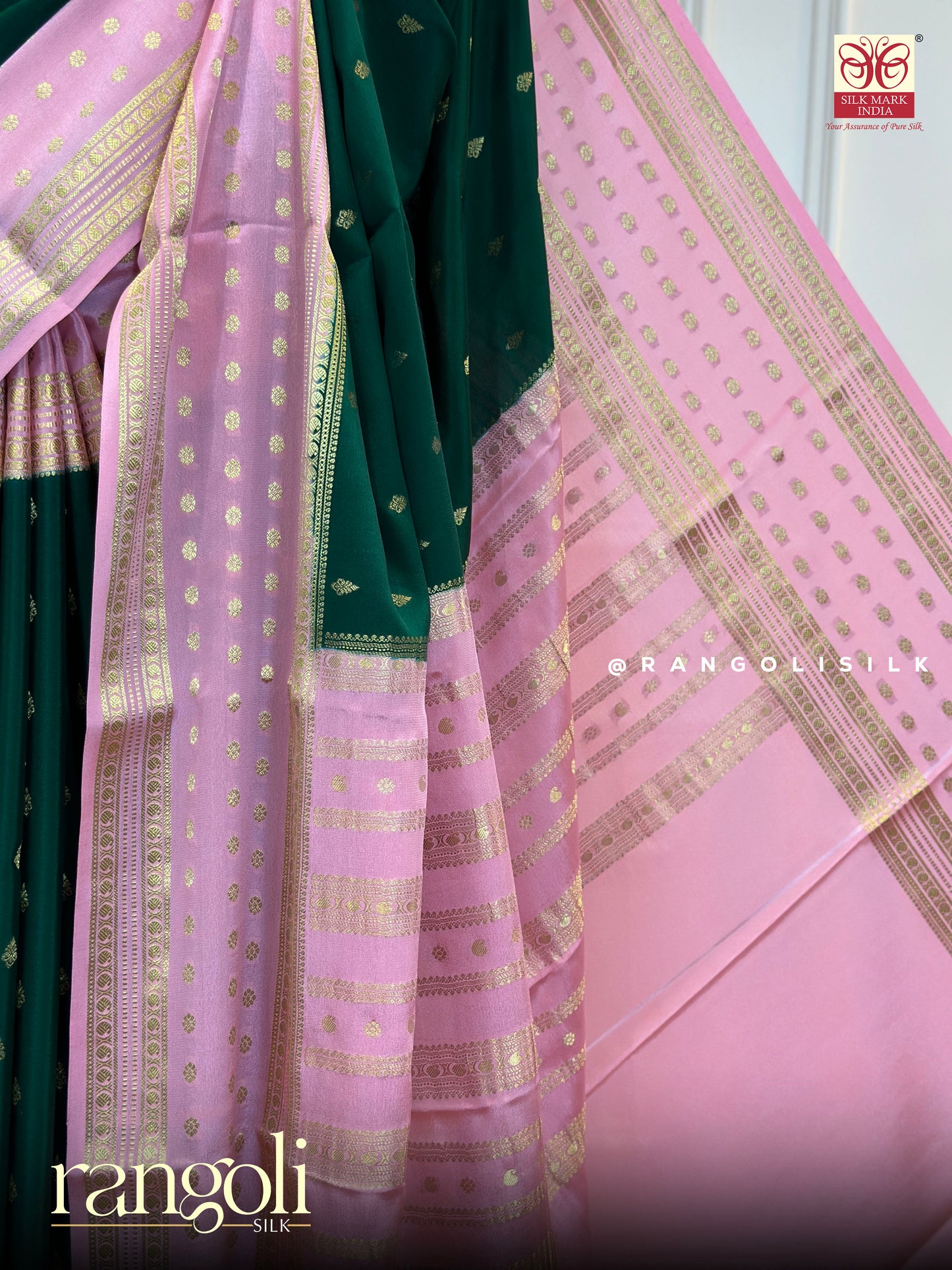 Pure Mysore Silk Saree in Emerald Green & Baby Pink with Intricate Zari Border & Pallu - Post 610