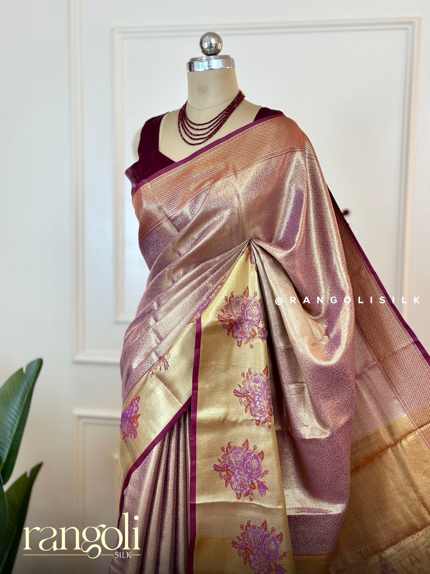 Rose Gold Tissue Silk Saree with Gold Zari & Floral Motifs - Post 494