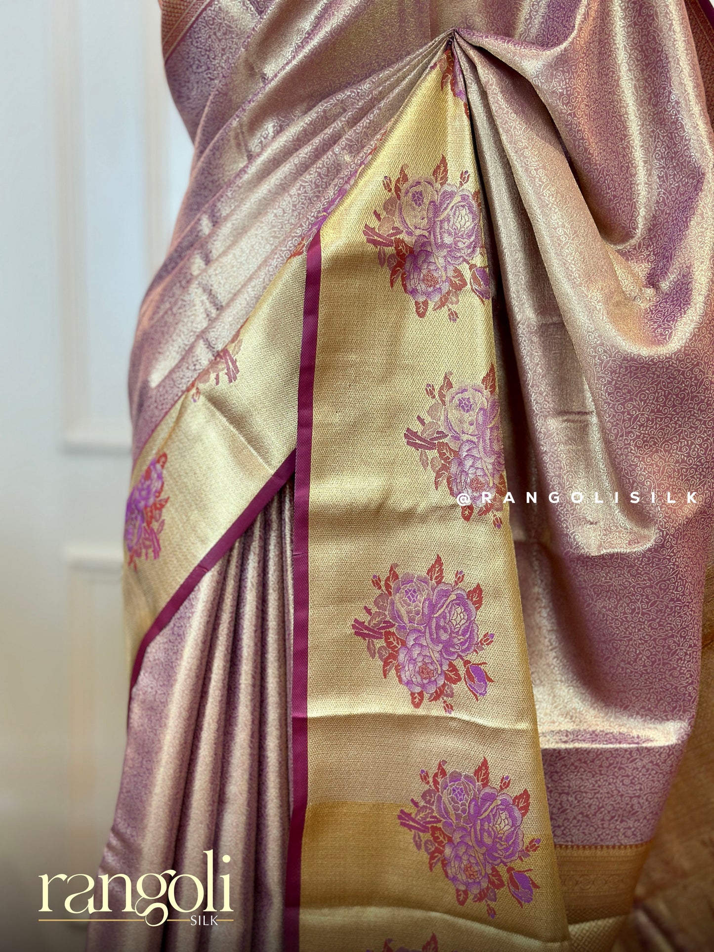 Rose Gold Tissue Silk Saree with Gold Zari & Floral Motifs - Post 494