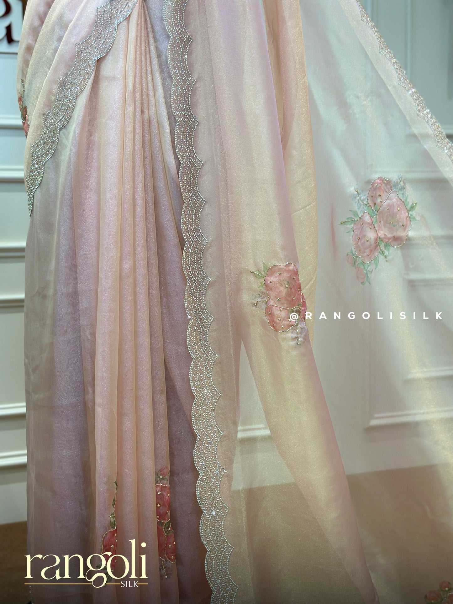 Pastel Organza Saree with Embellished Florals and Rich Border - Post 393
