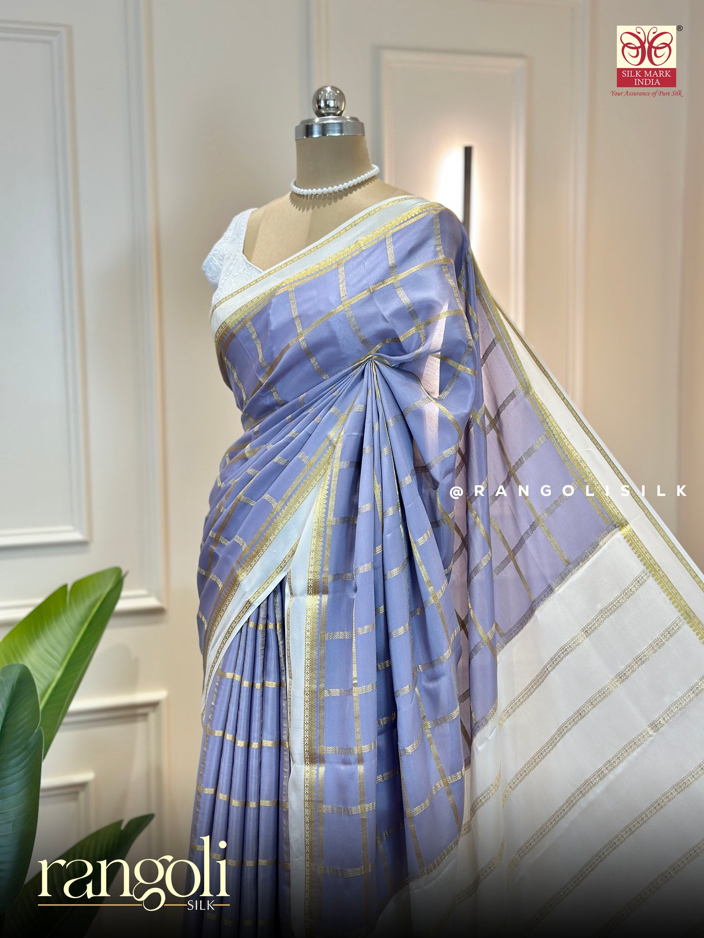 Pure Mysore Silk Crepe Saree – Lavender Blue with Gold Zari Checks & Ivory Pallu - Post 786