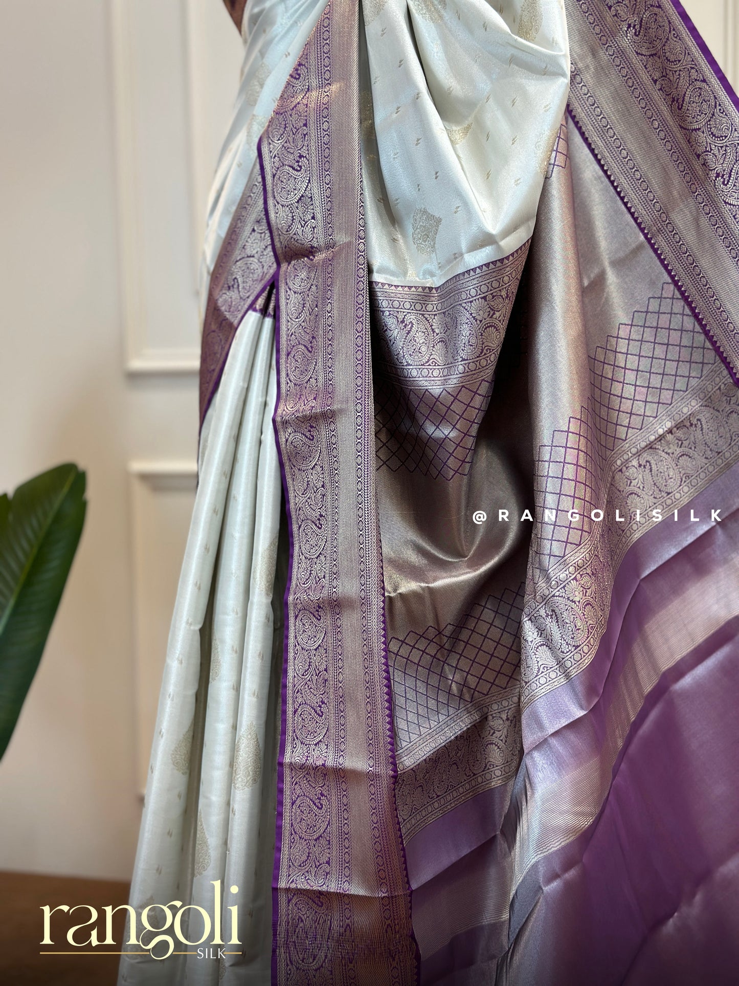Semi Kanjivaram Silk Saree in Classic White with Elegant Zari Borders - Post 496