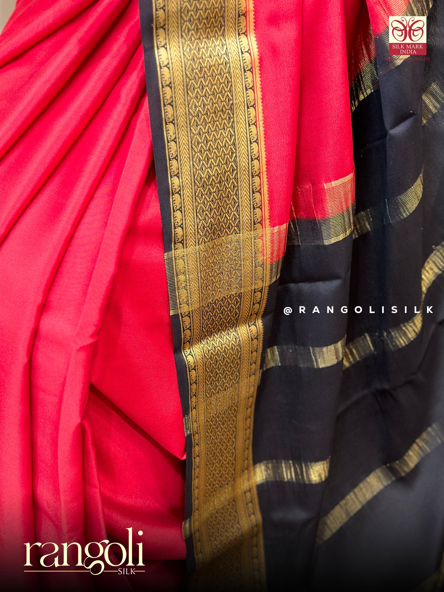 Pure Mysore Silk Saree in Red & Black with Rich Gold Zari Border - Post 788