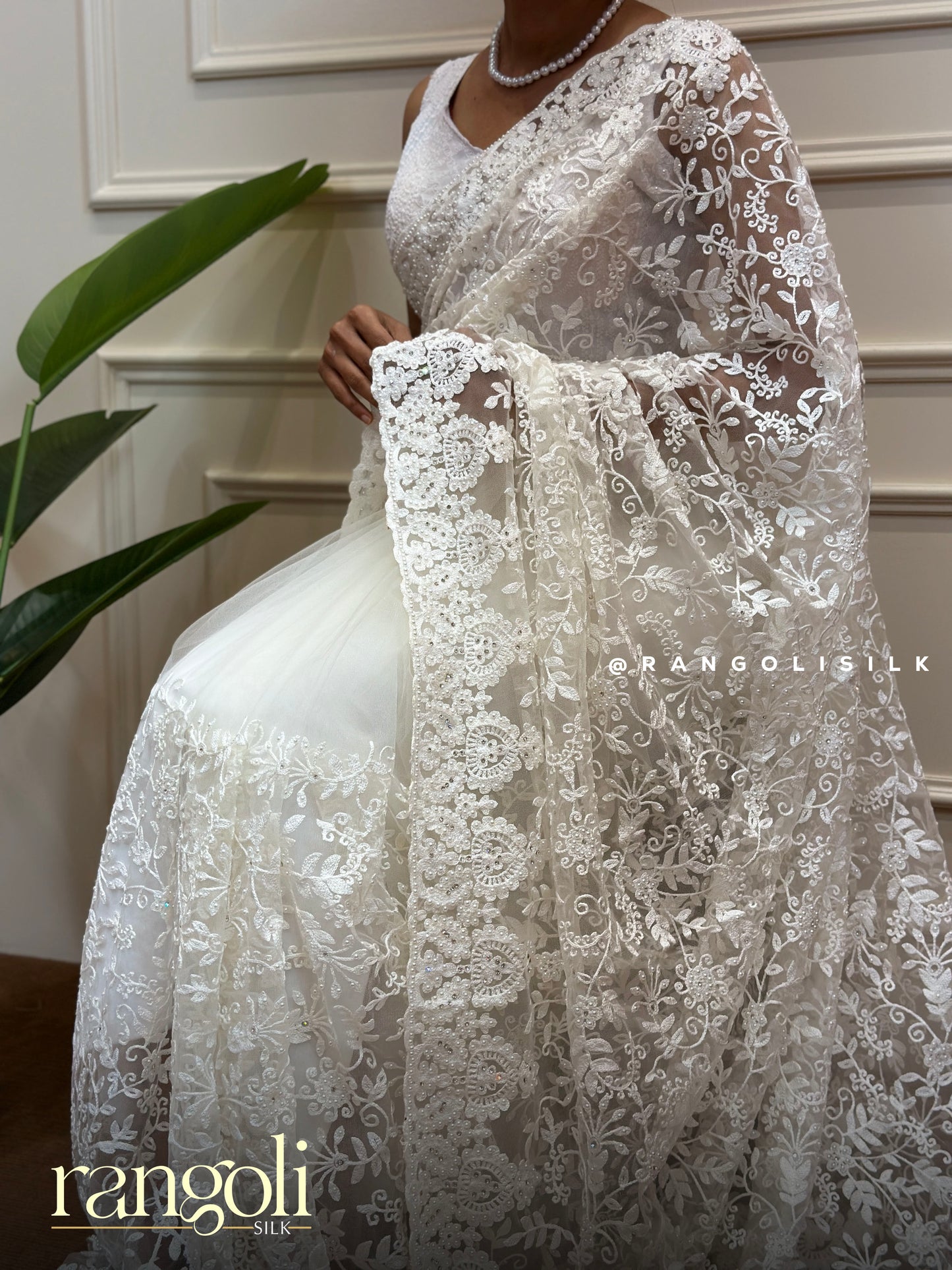 Designer Net Saree with Floral Embroidery & Beadwork - Post 803