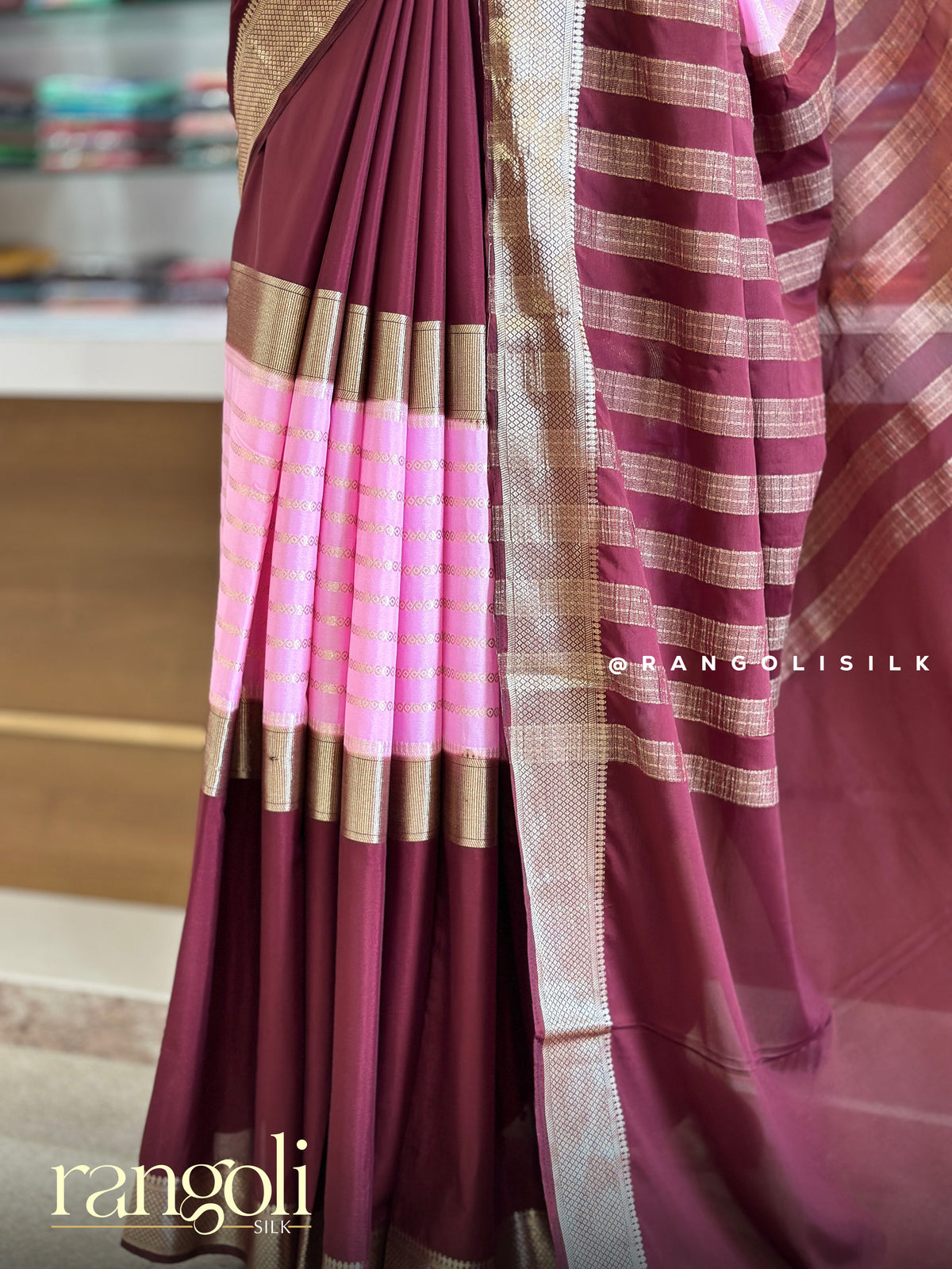Semi Mysore Crepe Silk Saree with 3D Pattern & Zari Border - Post 1022