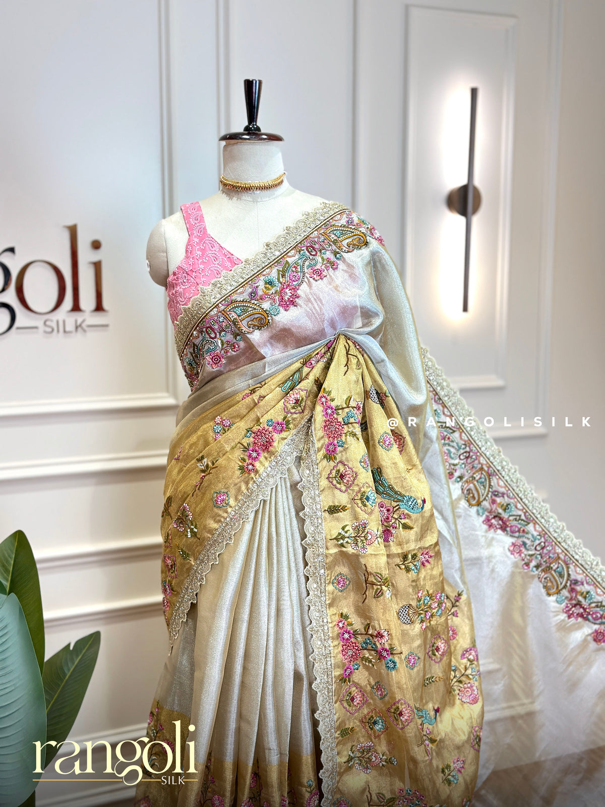 Double Shade Silver & Gold Tissue Silk Saree with Floral Peacock Embroidery - Post 1023