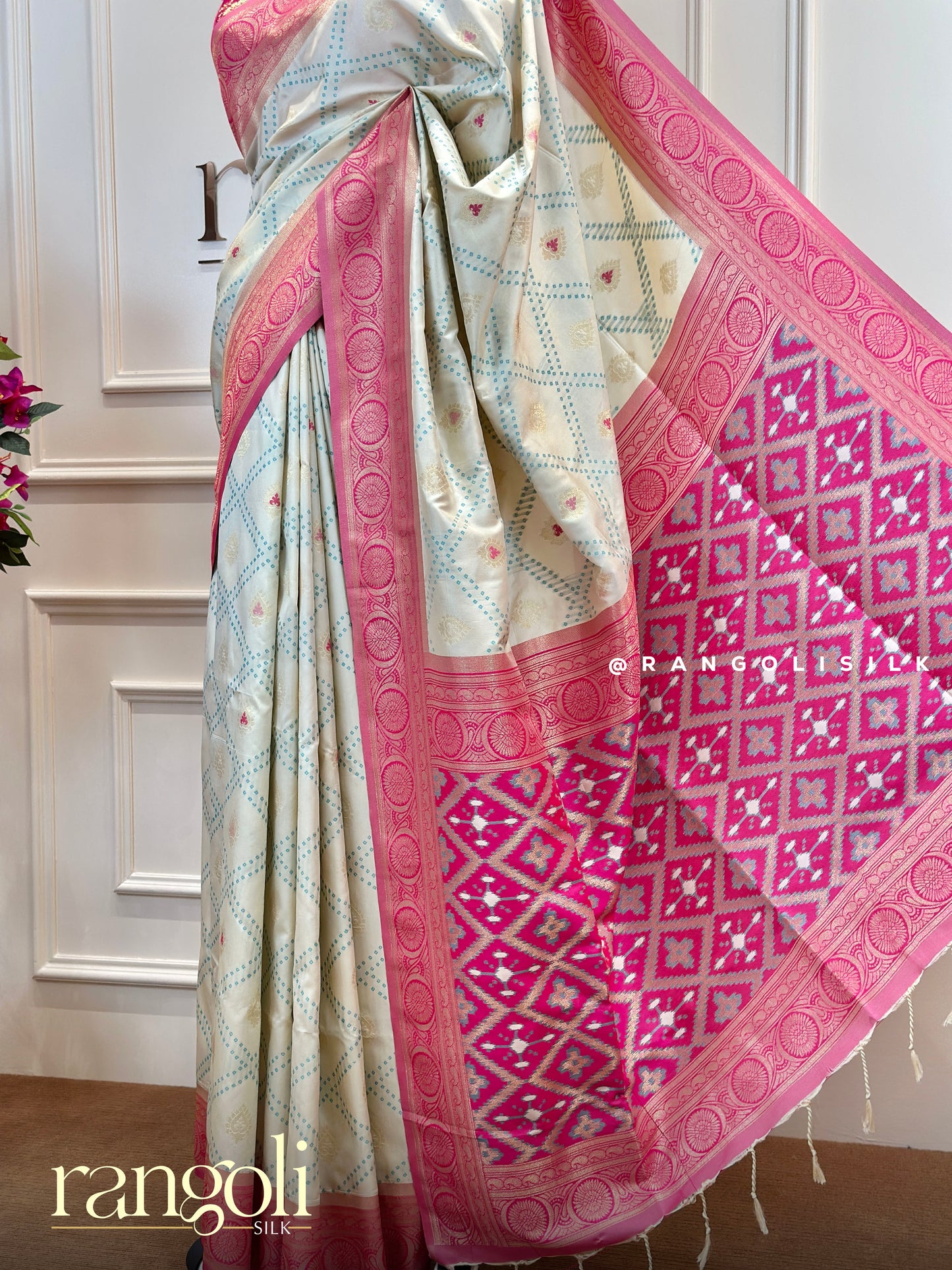 Soft Silk Saree with Bandhani Prints & Pink Border - Post 502