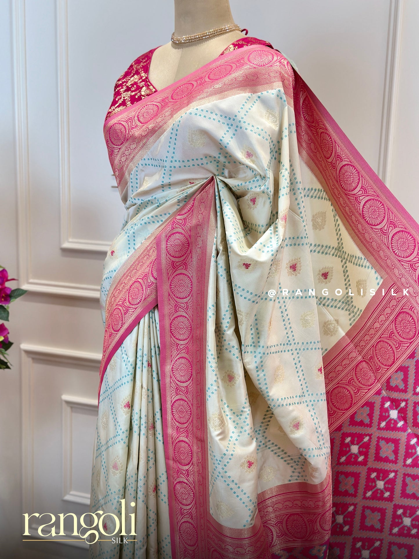 Soft Silk Saree with Bandhani Prints & Pink Border - Post 502
