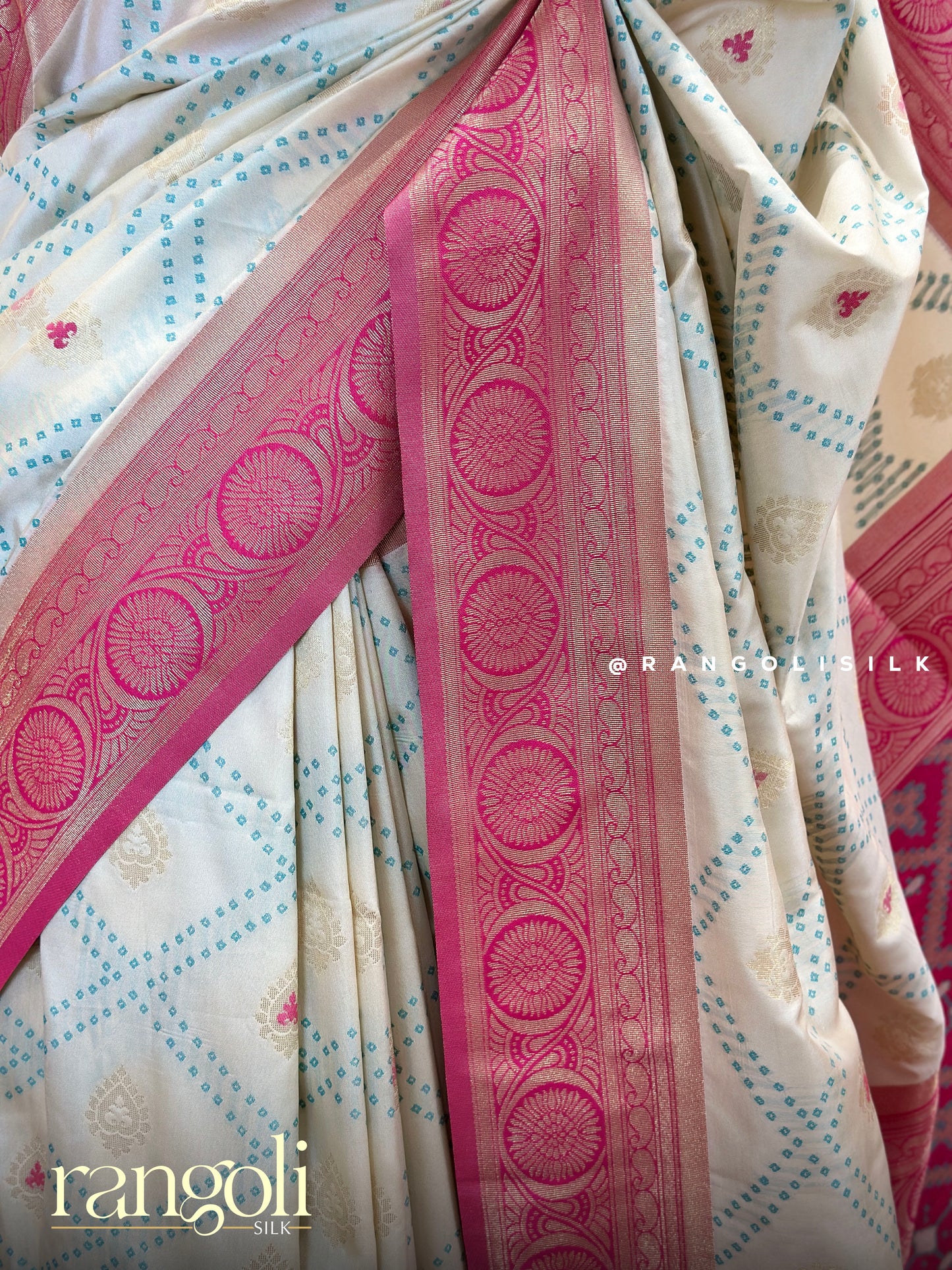 Soft Silk Saree with Bandhani Prints & Pink Border - Post 502