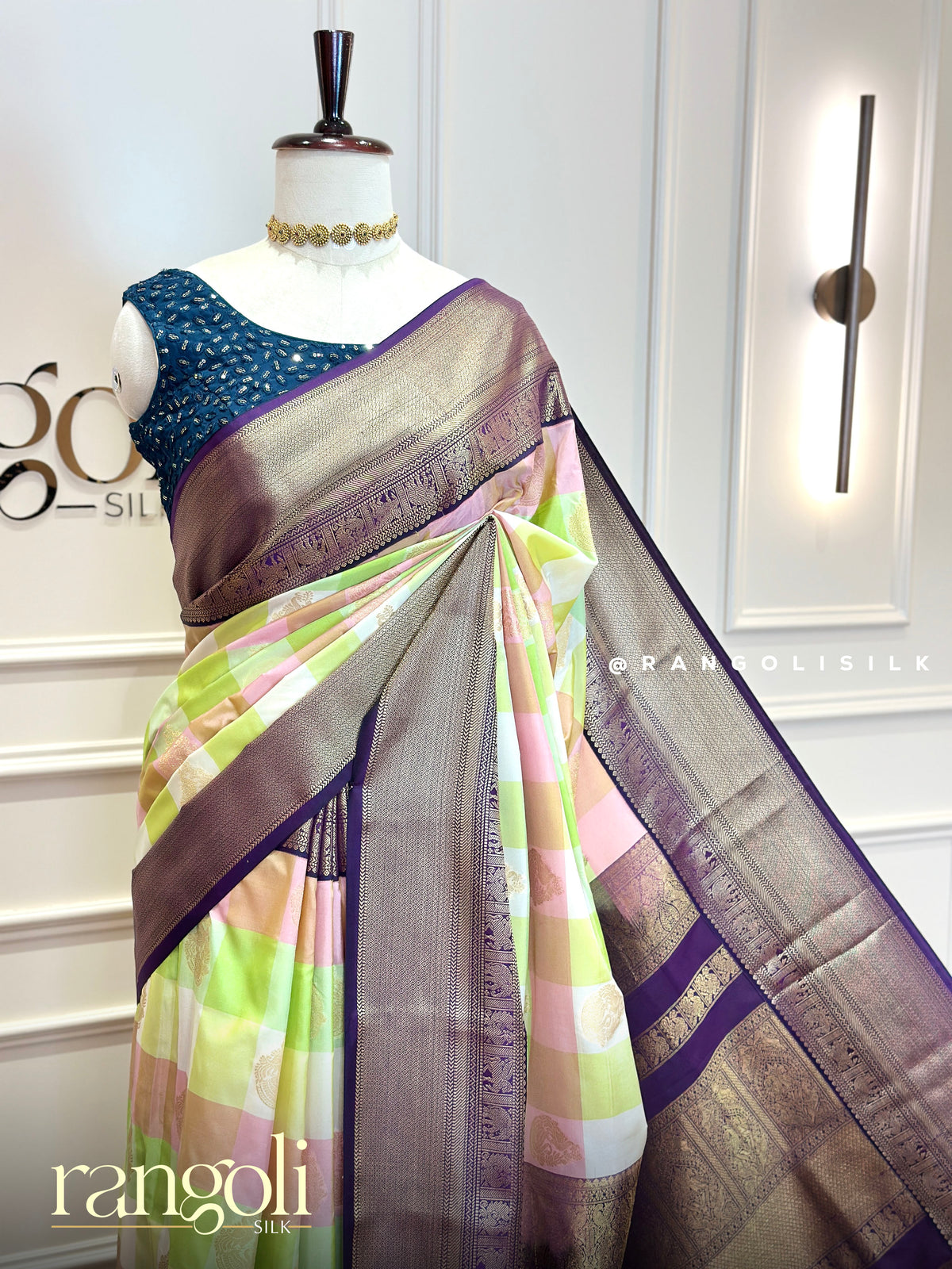 Semi Kanjivaram Silk Saree – Multicolour Checks with Zari Border & Pallu - Post 1025