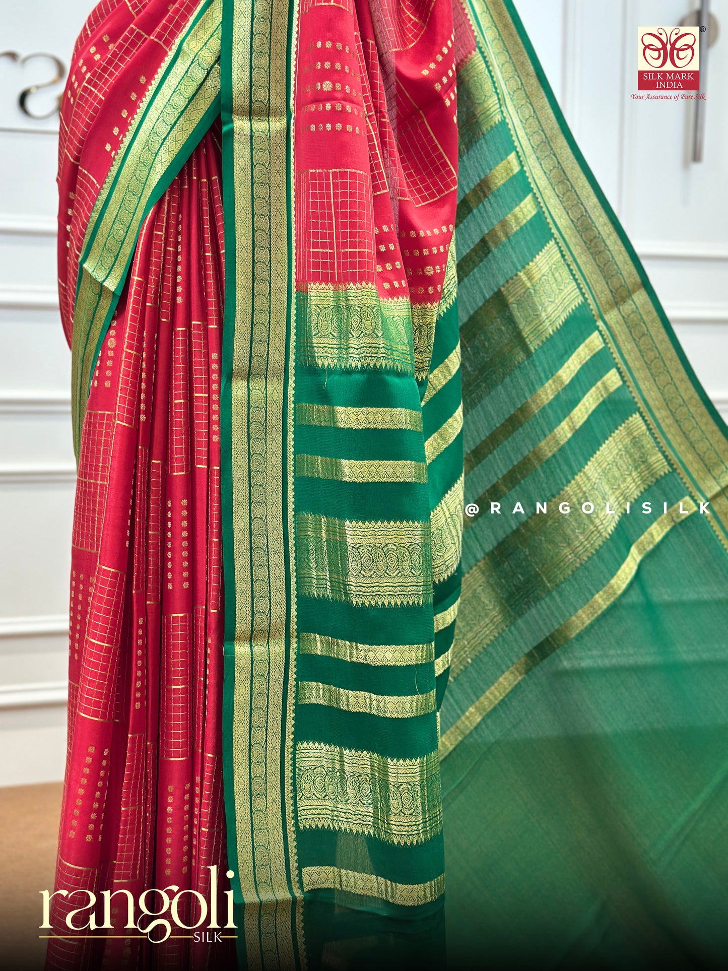 Pure Crepe Silk Saree in a Timeless Red & Green with Rich Zari Work and Woven Pallu - Post 406