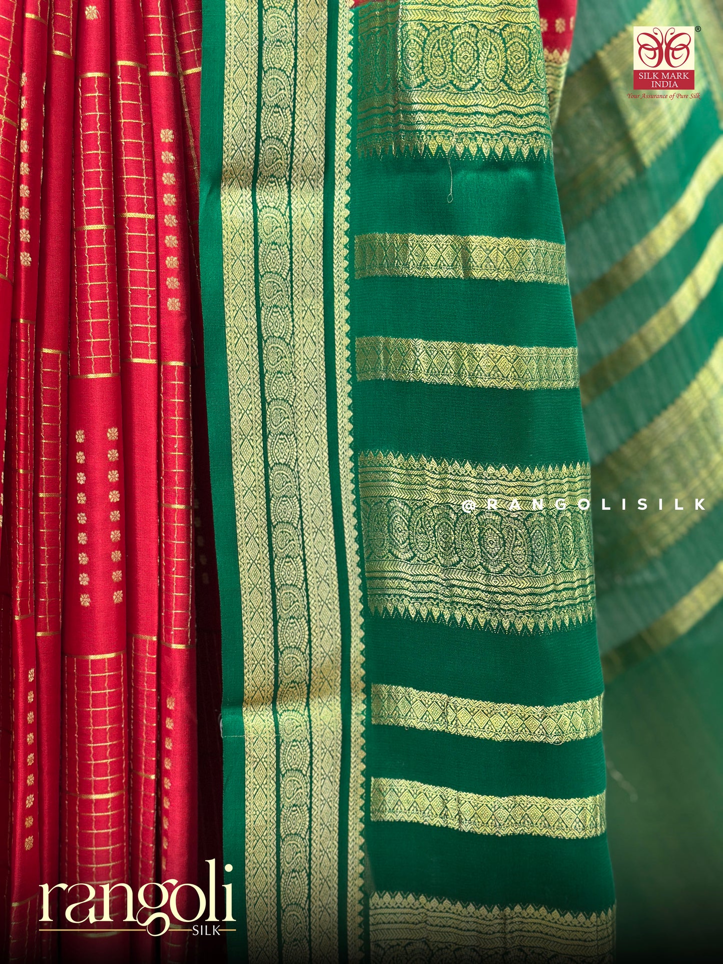 Pure Crepe Silk Saree in a Timeless Red & Green with Rich Zari Work and Woven Pallu - Post 406
