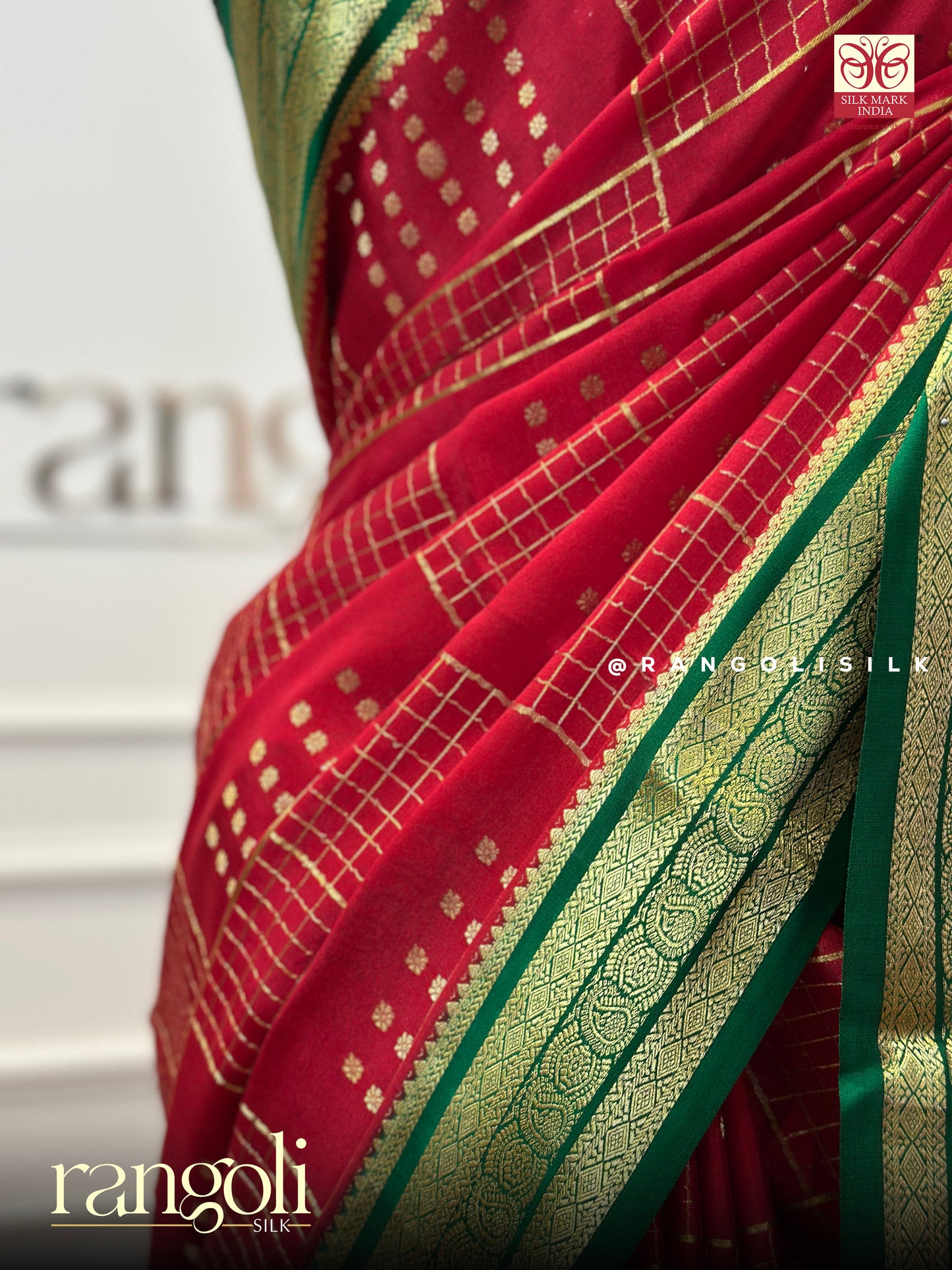 Pure Crepe Silk Saree in a Timeless Red & Green with Rich Zari Work and Woven Pallu - Post 406