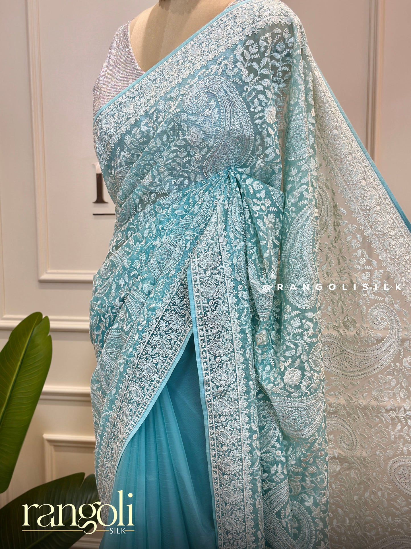 Sky Blue Designer Embroidered Saree – Elegant & Minimal Style - Post 504