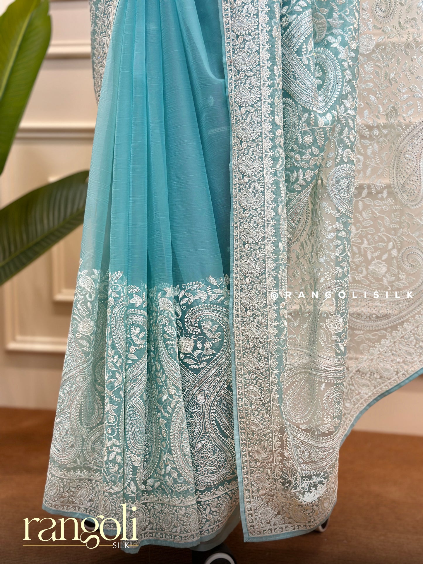 Sky Blue Designer Embroidered Saree – Elegant & Minimal Style - Post 504