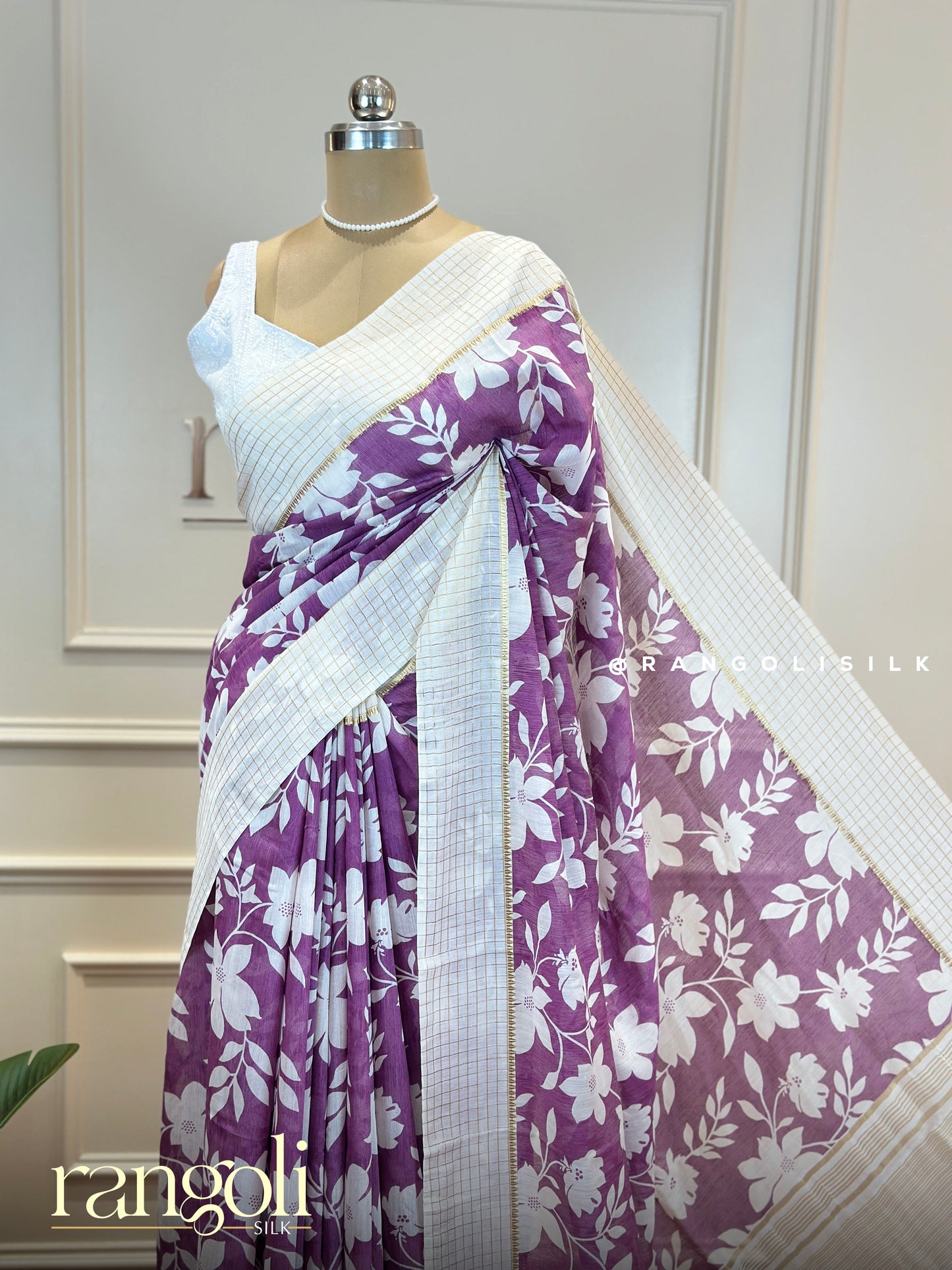 Soft Cotton Saree in Purple, Grey & Peach with White Floral Prints - Post 635