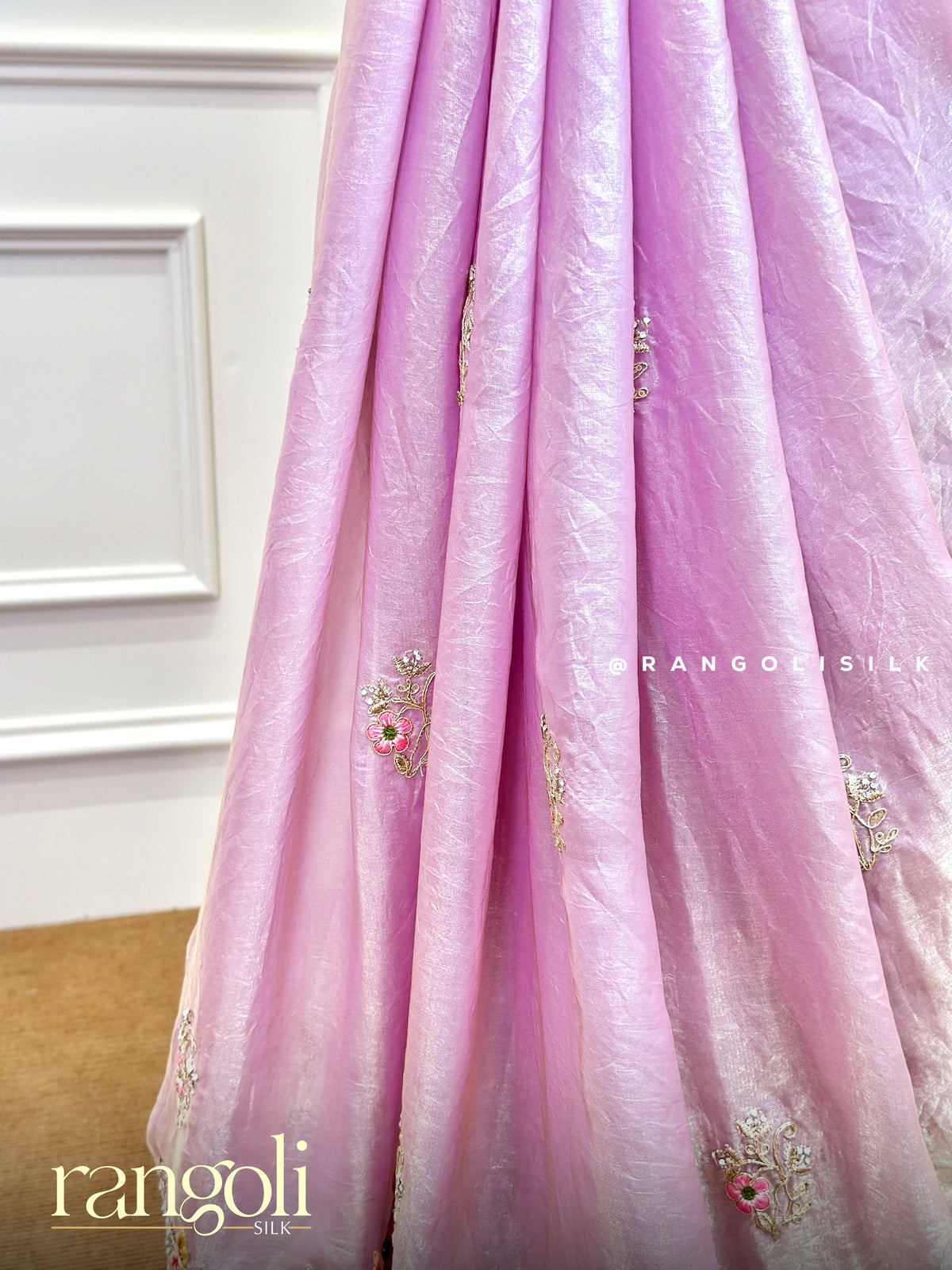 Pastel Organza Designer Sarees with Floral Hand Embroidery & Scalloped Borders - Post 1028