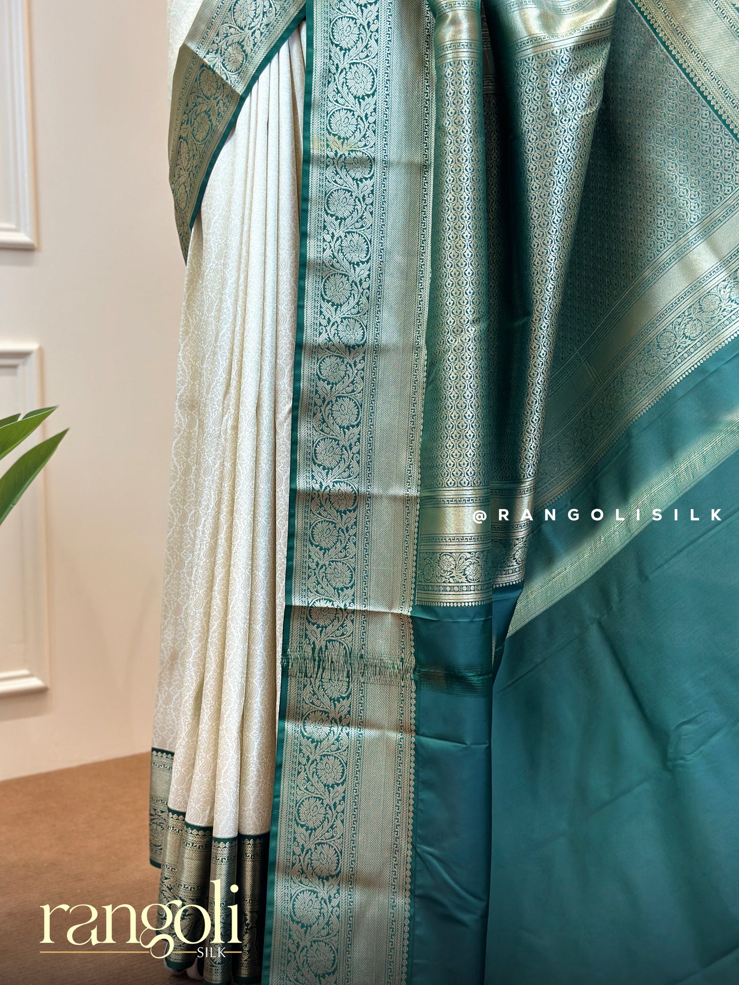 Semi Kanjivaram Silk Saree in Ivory with Rich Bottle Green Brocade - Post 634