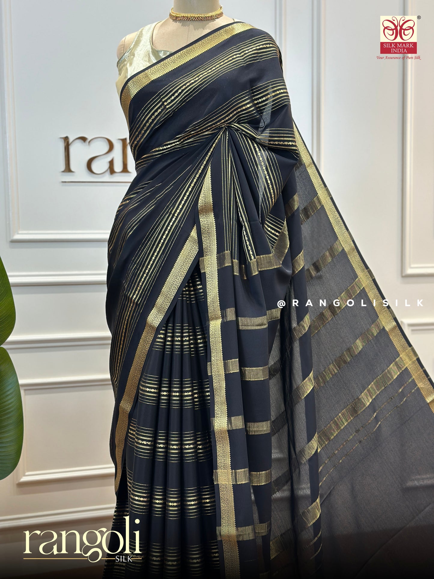 Bold & Timeless Black Pure Crepe Silk Saree with Elegant Gold Zari Work - Post 412