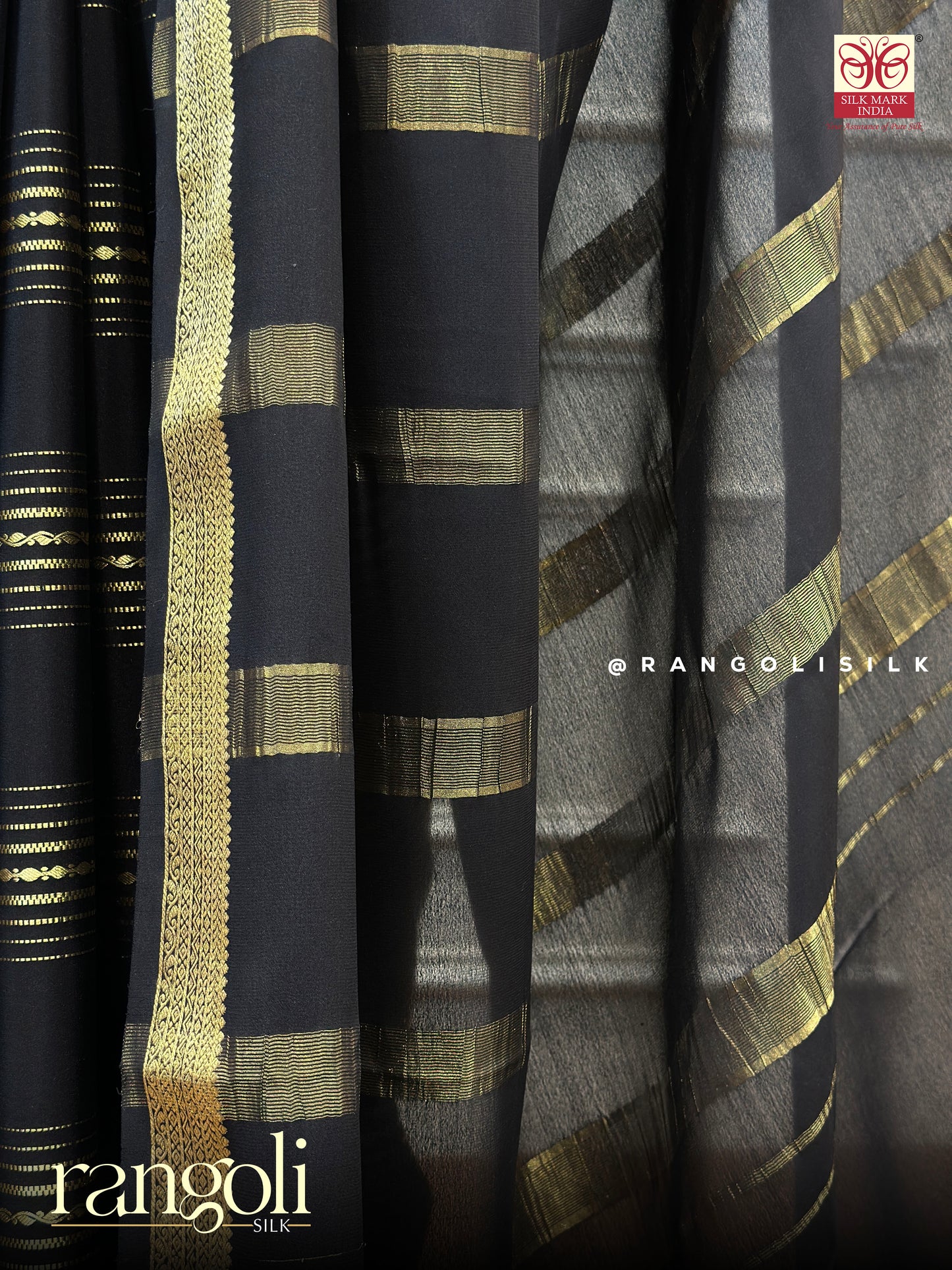 Bold & Timeless Black Pure Crepe Silk Saree with Elegant Gold Zari Work - Post 412