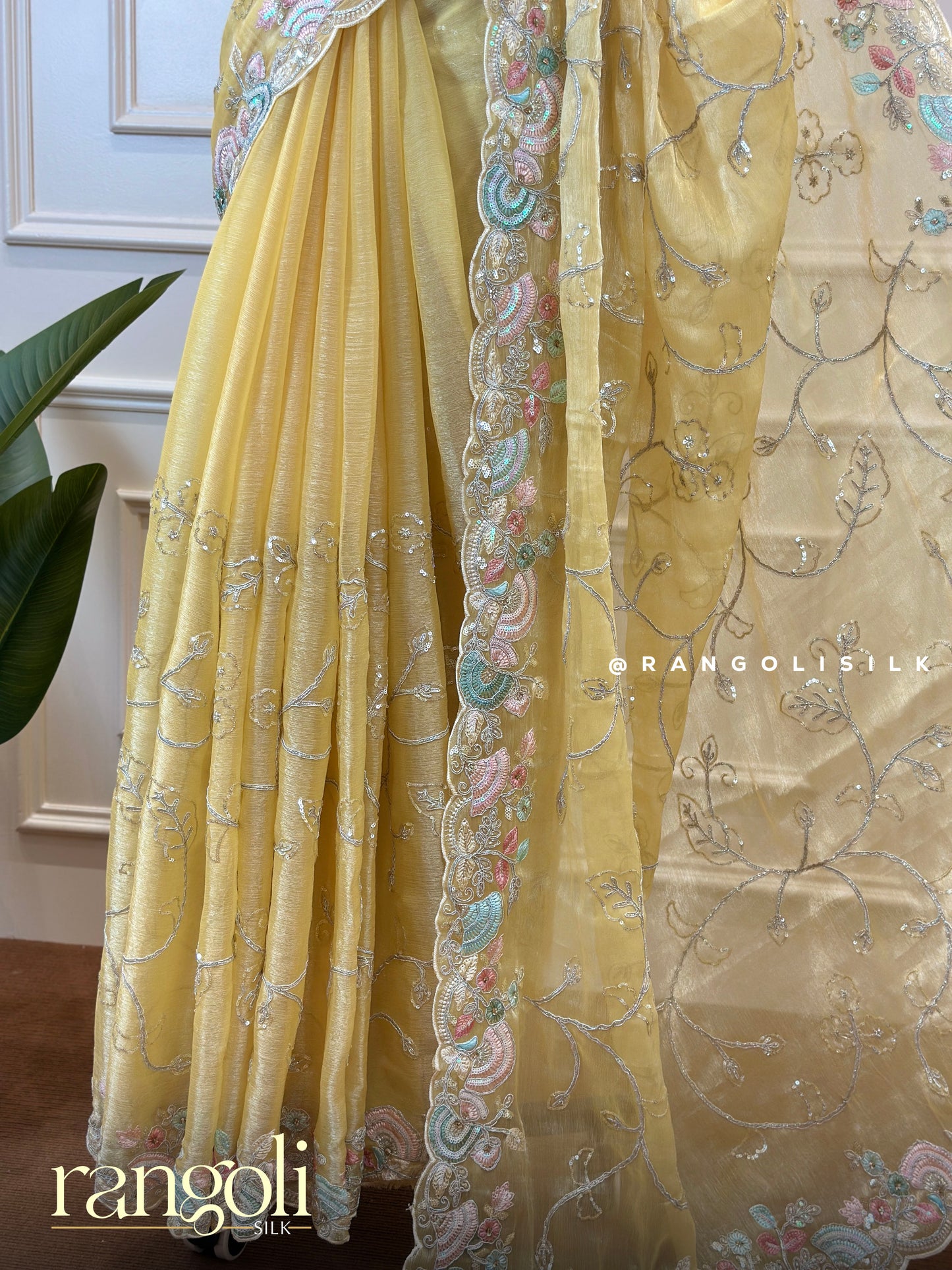 Soft Yellow Designer Saree with Embroidered Pallu & Pastel Floral Borders - Post 626