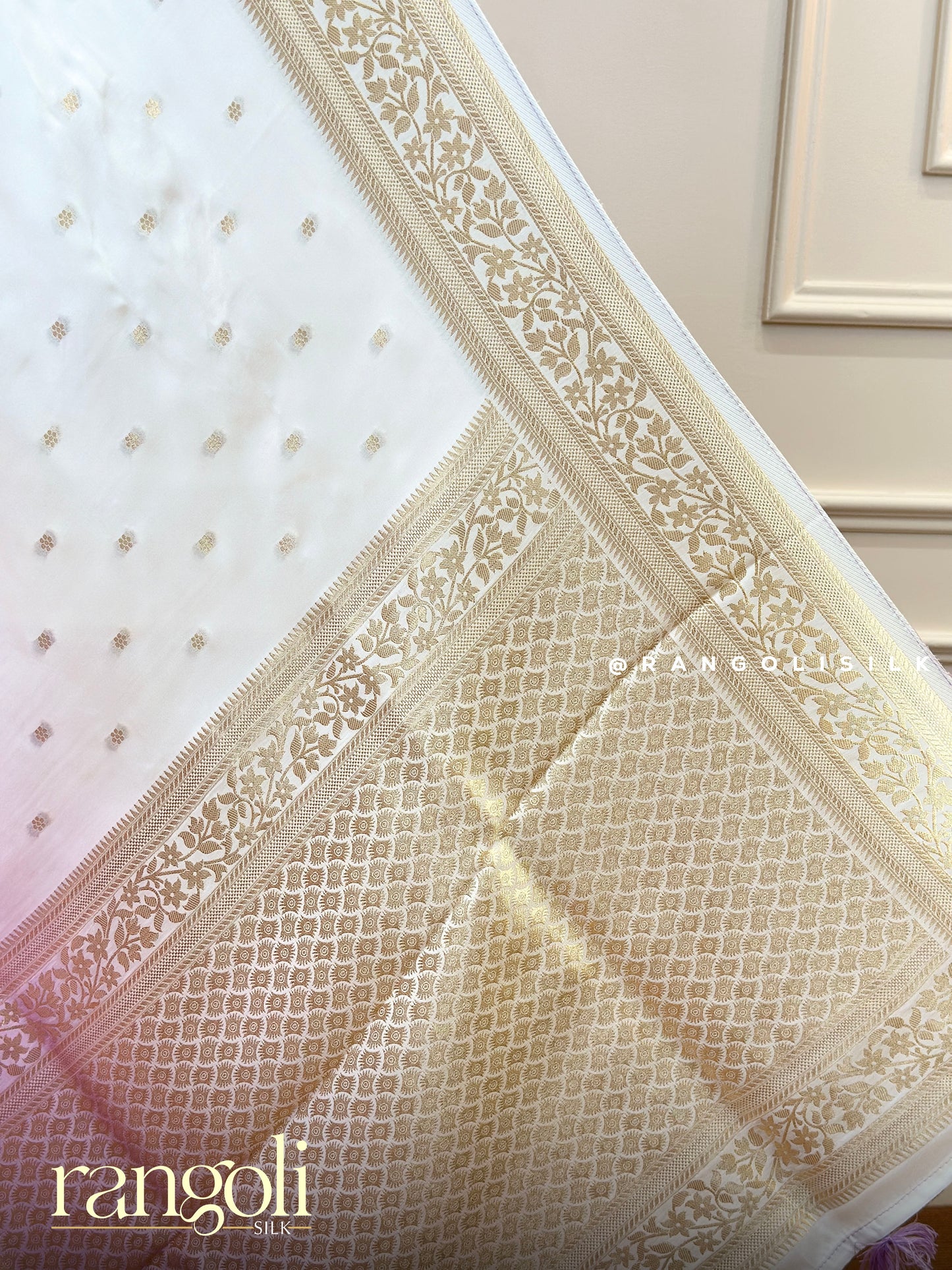 Ivory Double Shade Banarasi Saree with Yellow & Lilac Zari Motifs - Post 716