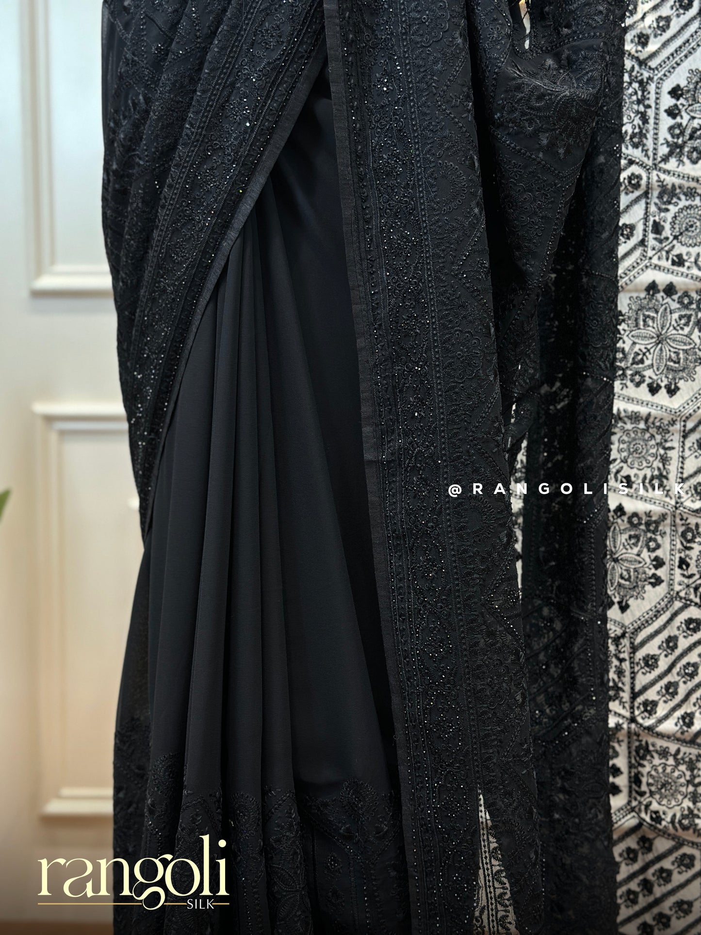 Timeless Black Chikankari Saree with Flowing Pallu - Post 410