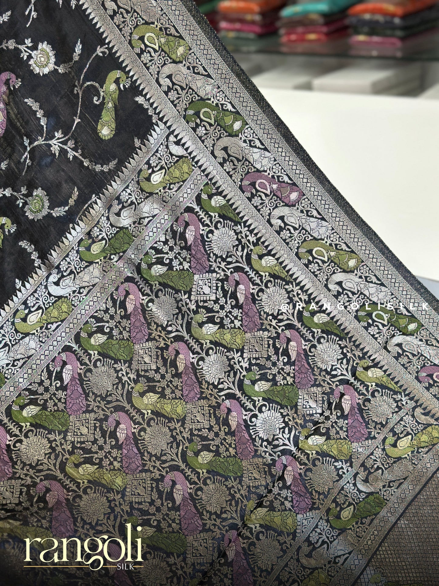 Soft Banaras Saree with Peacock Motifs & Silver Zari Weaving - Post 924