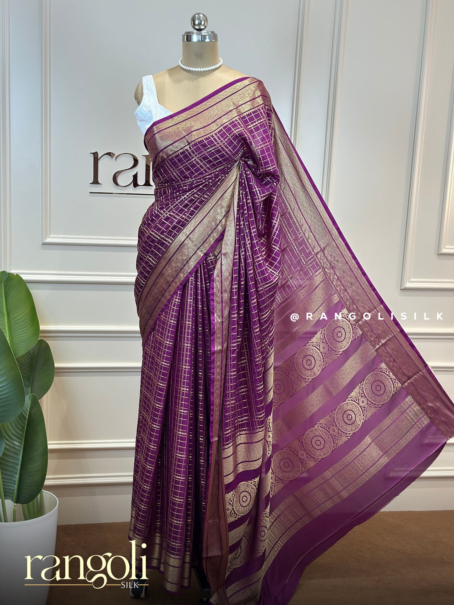 Semi Mysore Silk Crepe Saree with Checks Pattern and Zari Border - Post 812