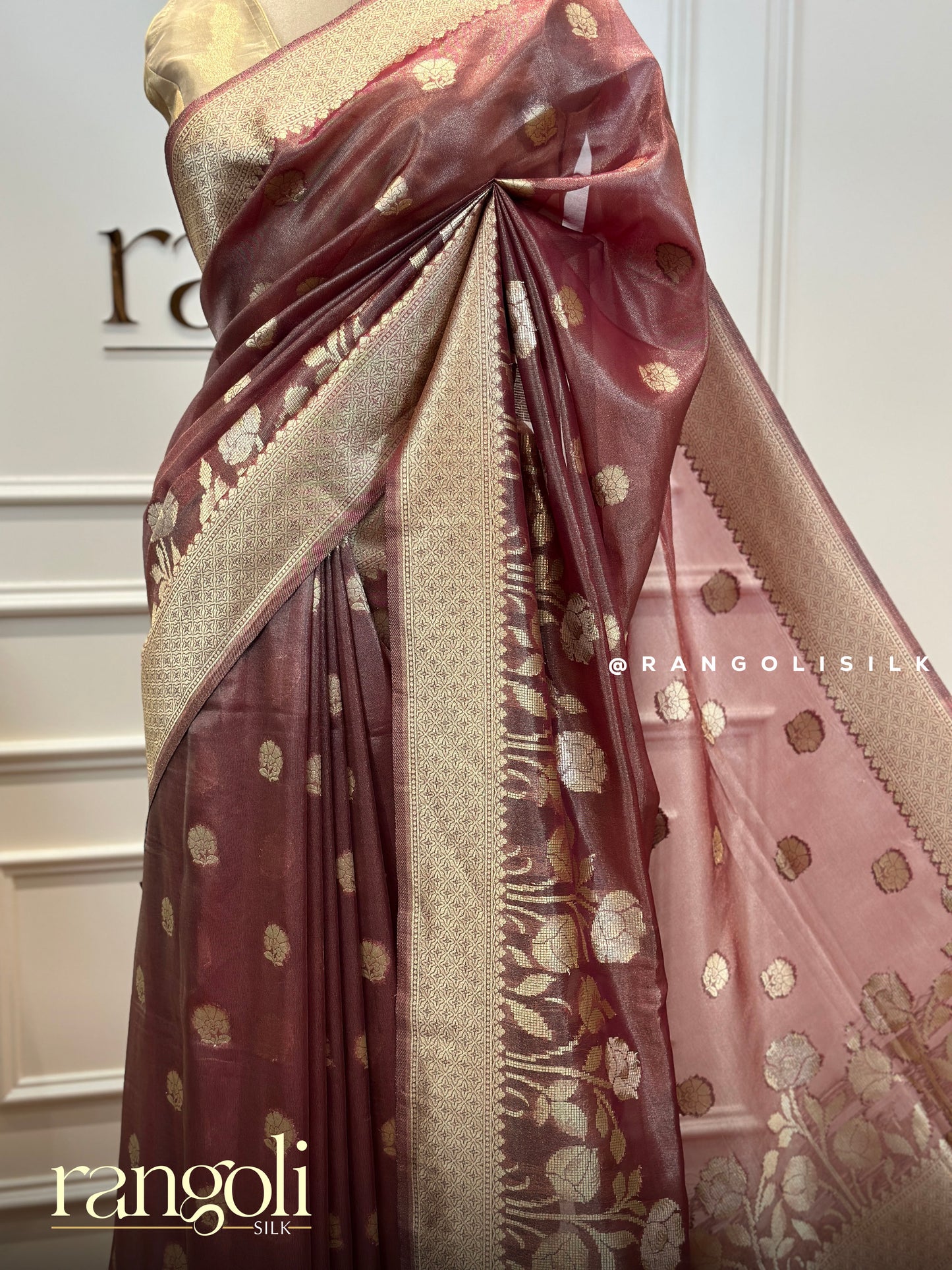 Tissue Banarasi Saree in Fresh Shades with Floral Motifs & Elegant Pallu - Post 419