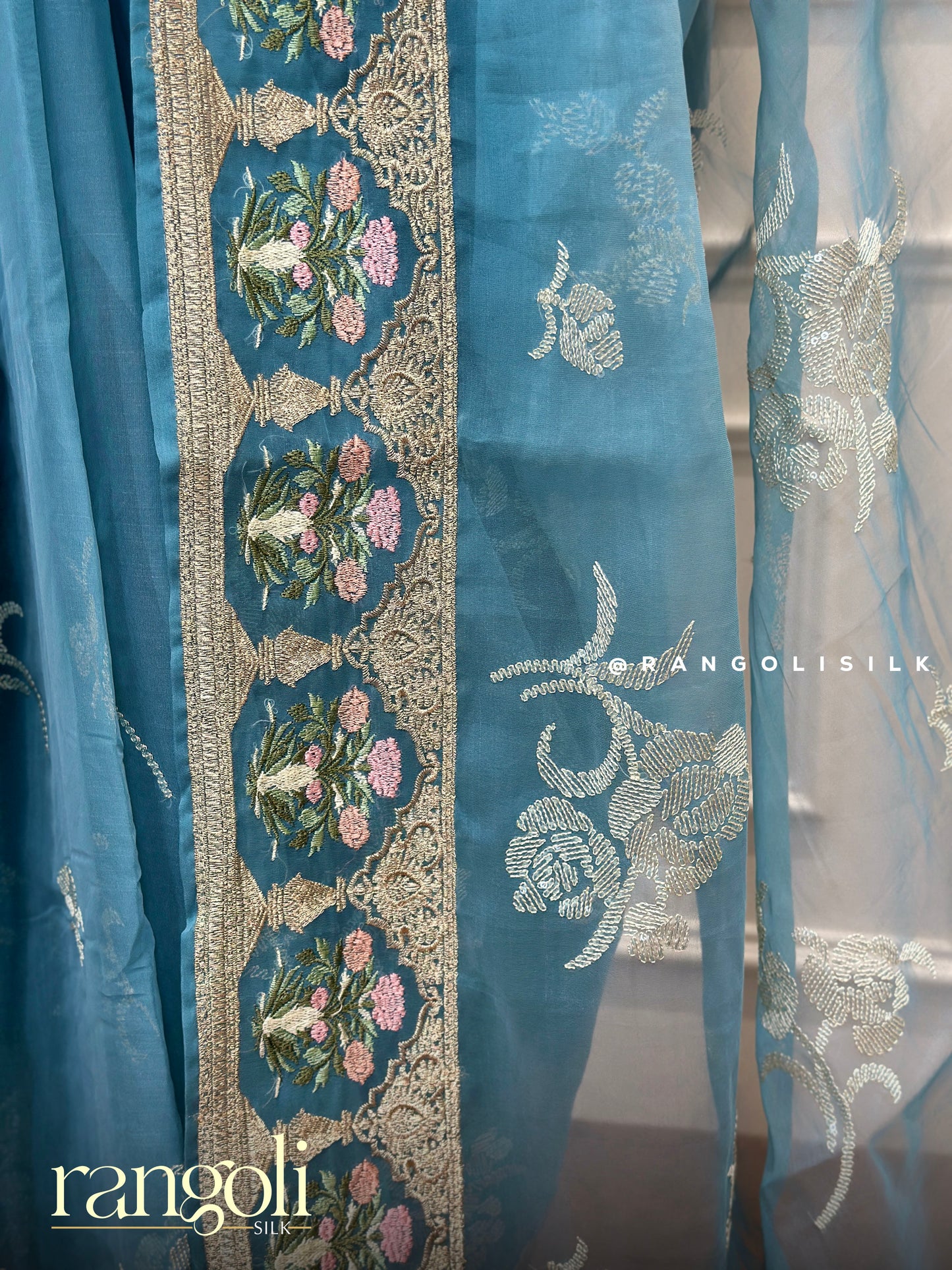 Aqua Blue Designer Saree with Embroidery & Sheer Floral Pallu - Post 638