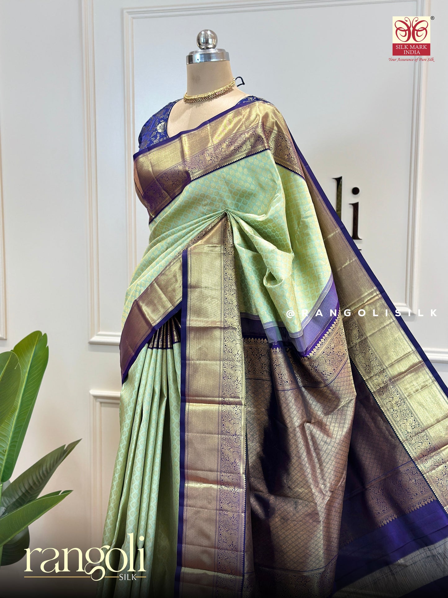 Pure Kanjivaram Silk Saree – Pastel Green with Royal Purple Border & Golden Zari Detailing - Post 524