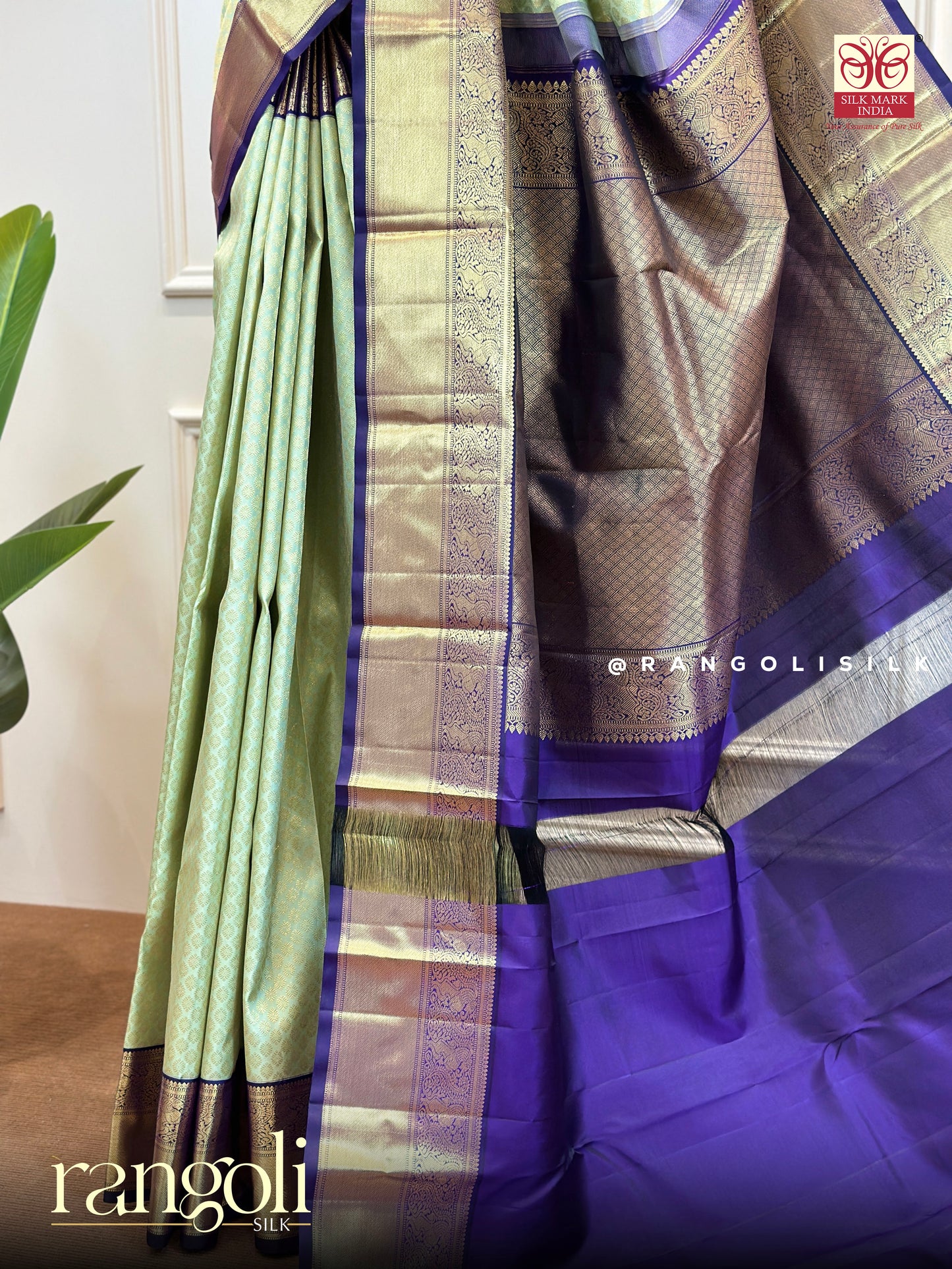 Pure Kanjivaram Silk Saree – Pastel Green with Royal Purple Border & Golden Zari Detailing - Post 524
