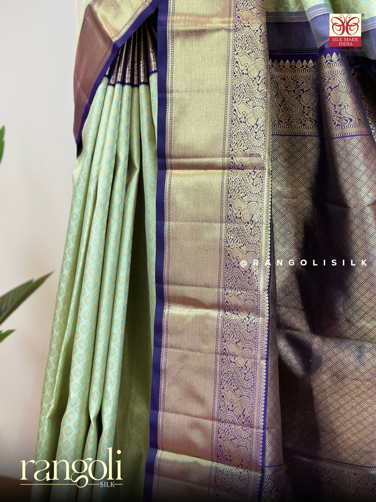 Pure Kanjivaram Silk Saree – Pastel Green with Royal Purple Border & Golden Zari Detailing - Post 524