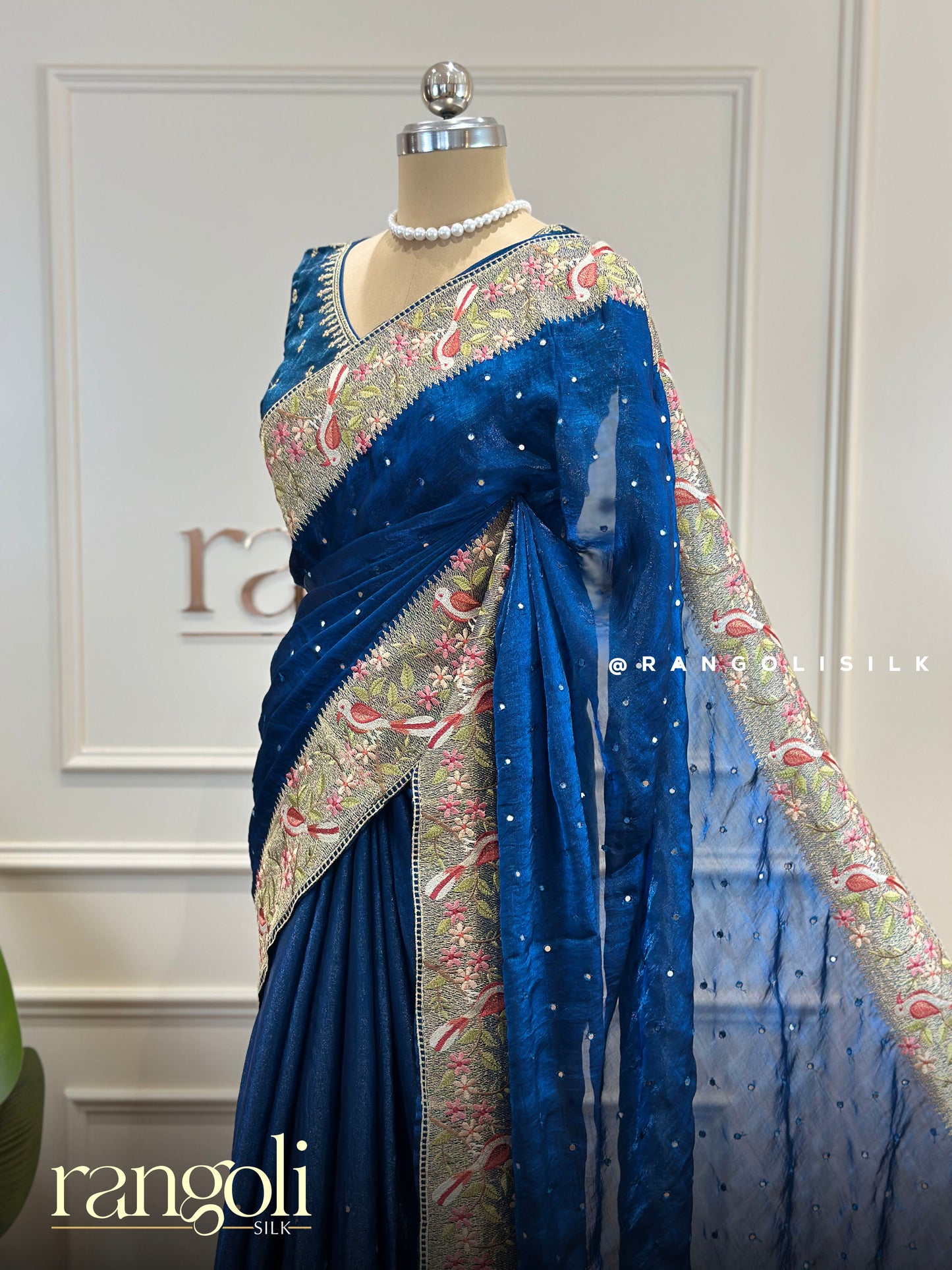 Designer Saree with Floral Embroidery and Bird Motif Border with Subtle Embellished Body - Post 822