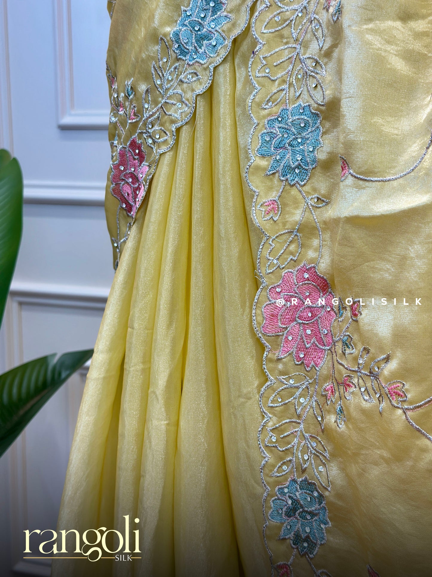 Pastel Yellow Floral Embroidered Designer Saree - Post 831