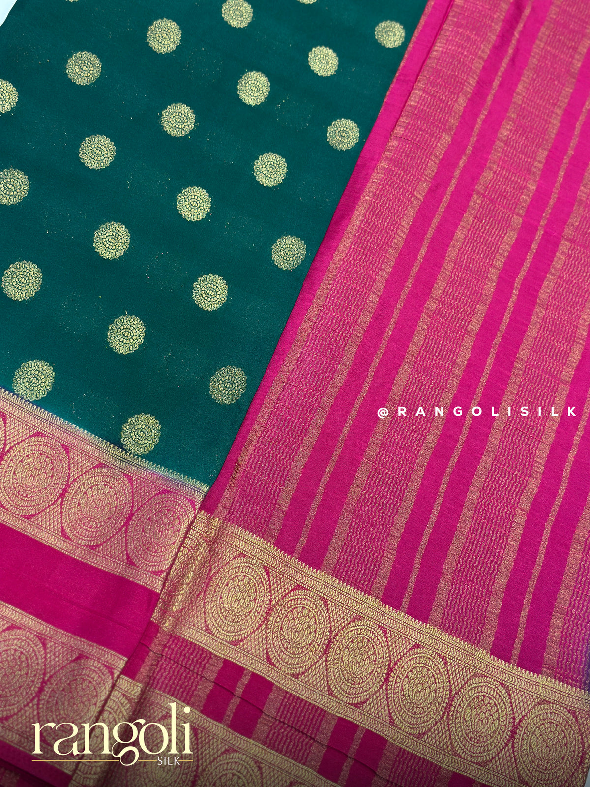 Semi Mysore Crepe Silk Saree with Gold Zari Buttas & Contrast Bentex Border - Post 1042