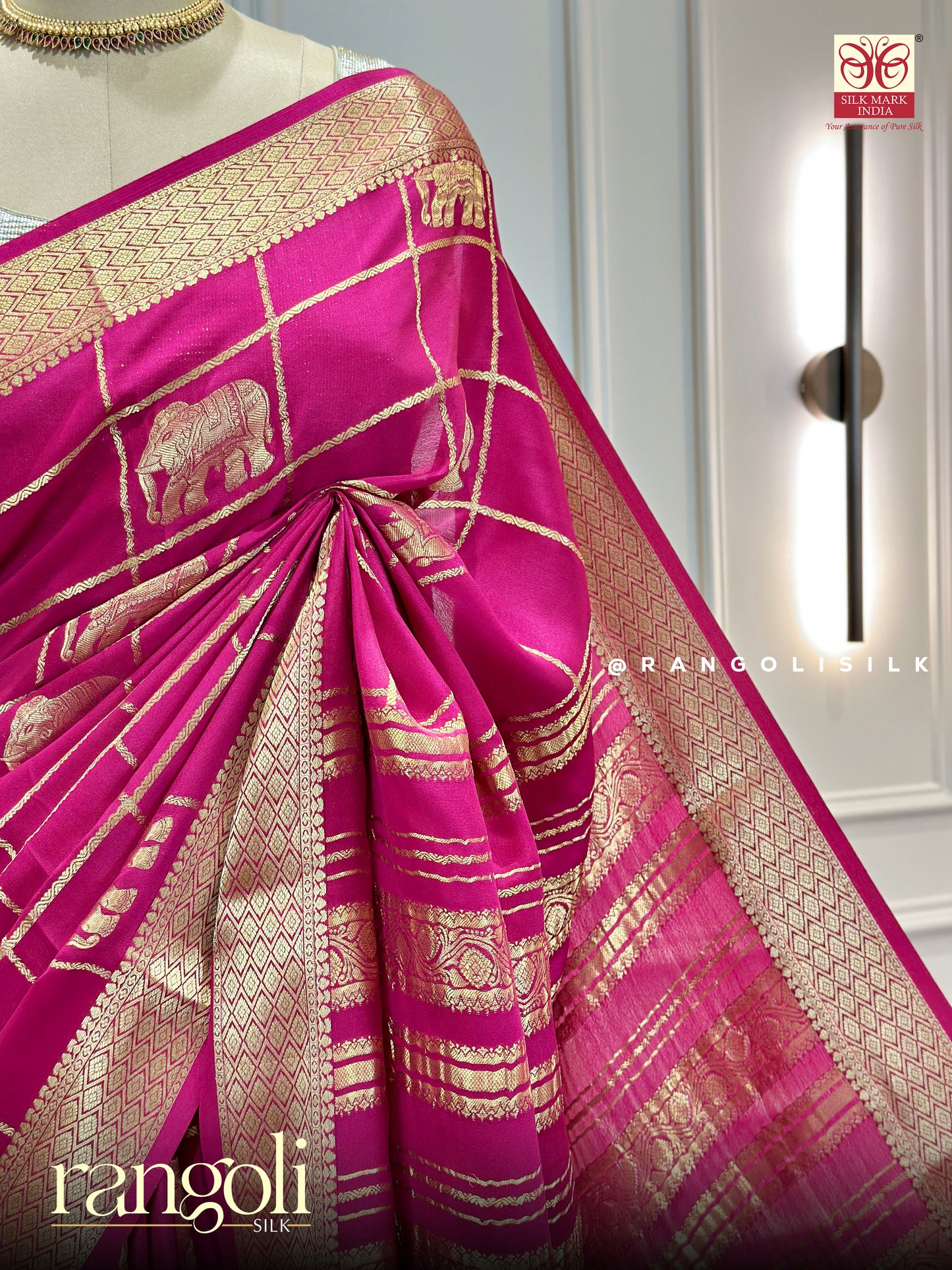 Pure Mysore Crepe Silk Saree in Rani Pink with Gold Zari Checks & Elephant Buttas - Silk Mark Certified - Post 957
