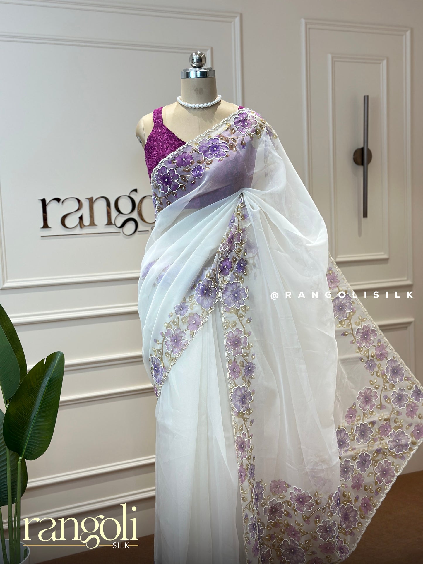 White Organza Saree with Vibrant Floral Detailing - Post 433