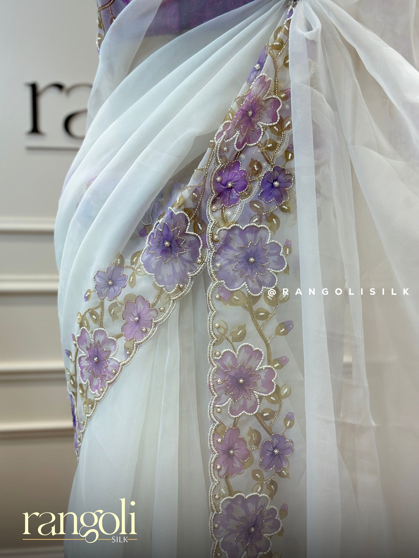 White Organza Saree with Vibrant Floral Detailing - Post 433