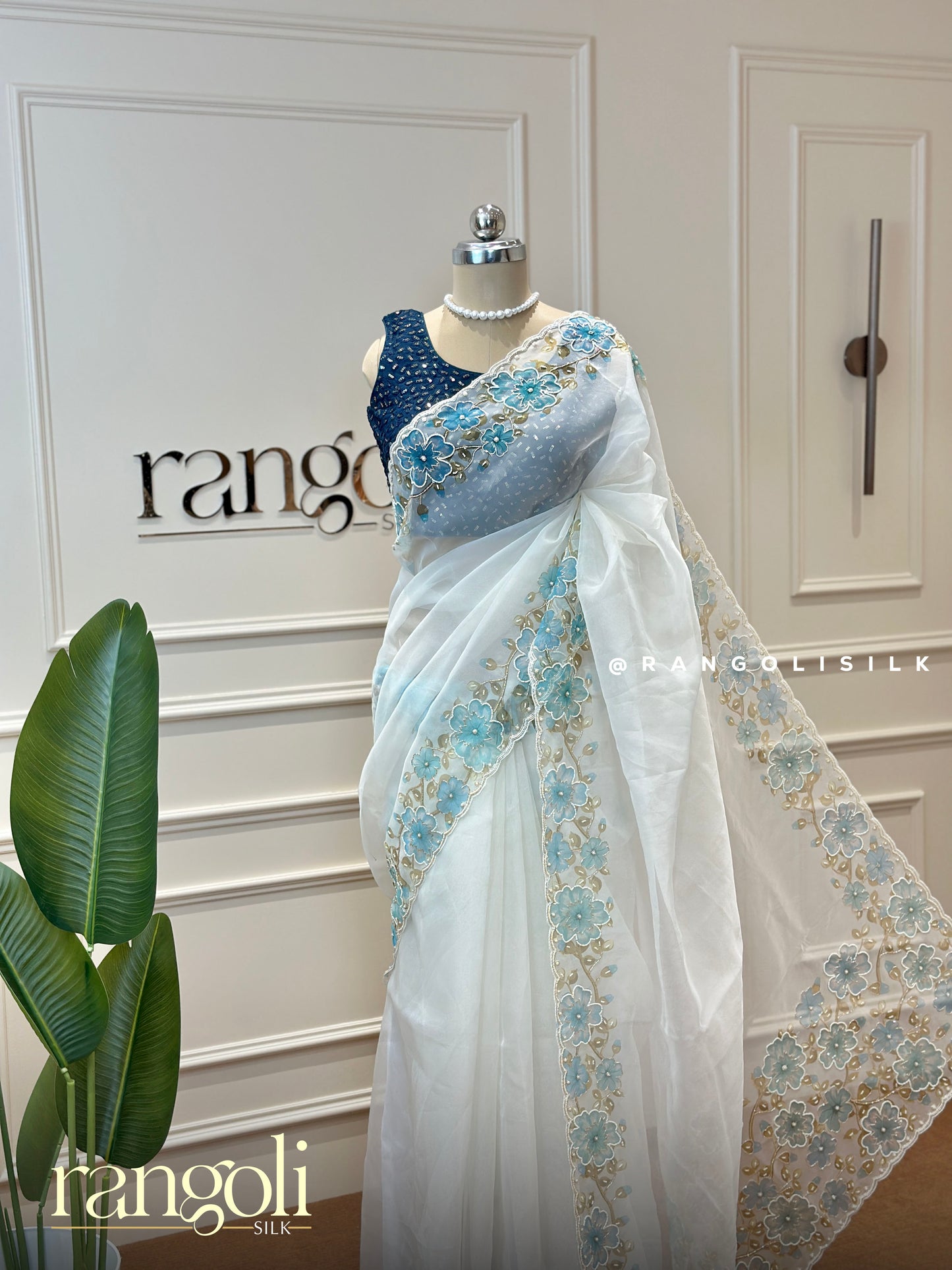 White Organza Saree with Vibrant Floral Detailing - Post 433