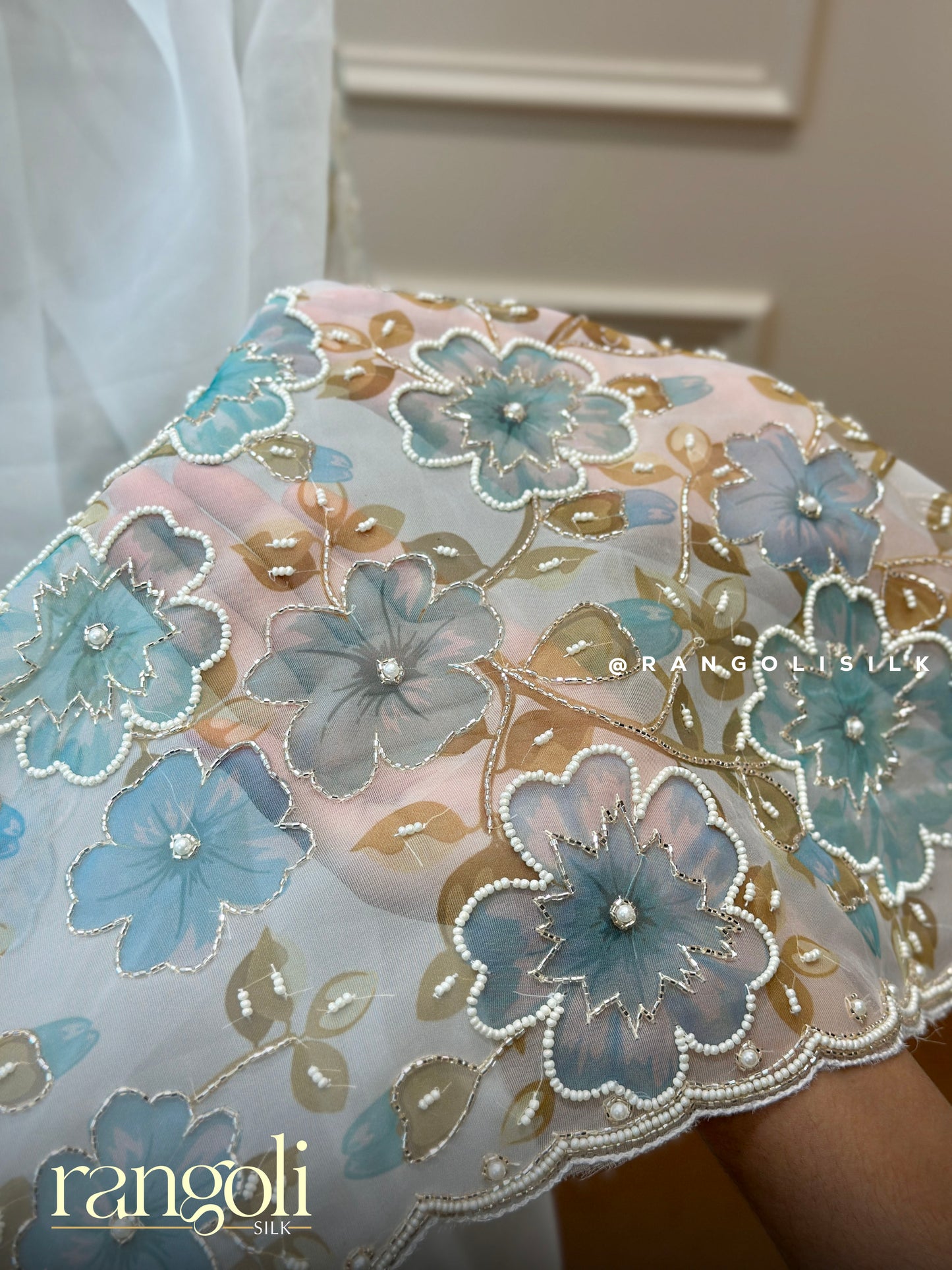 White Organza Saree with Vibrant Floral Detailing - Post 433
