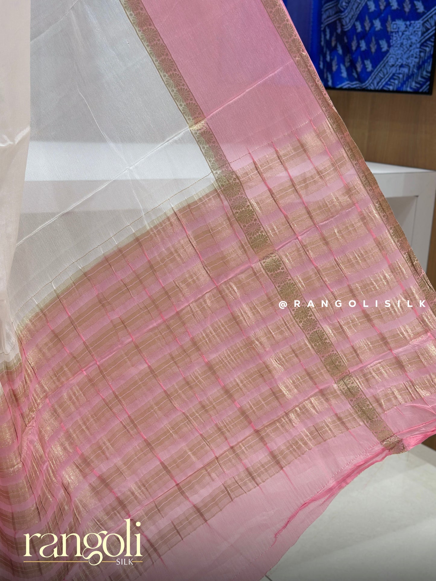 White Banaras Saree with Blush Pink Border & Striped Pallu - Post 948
