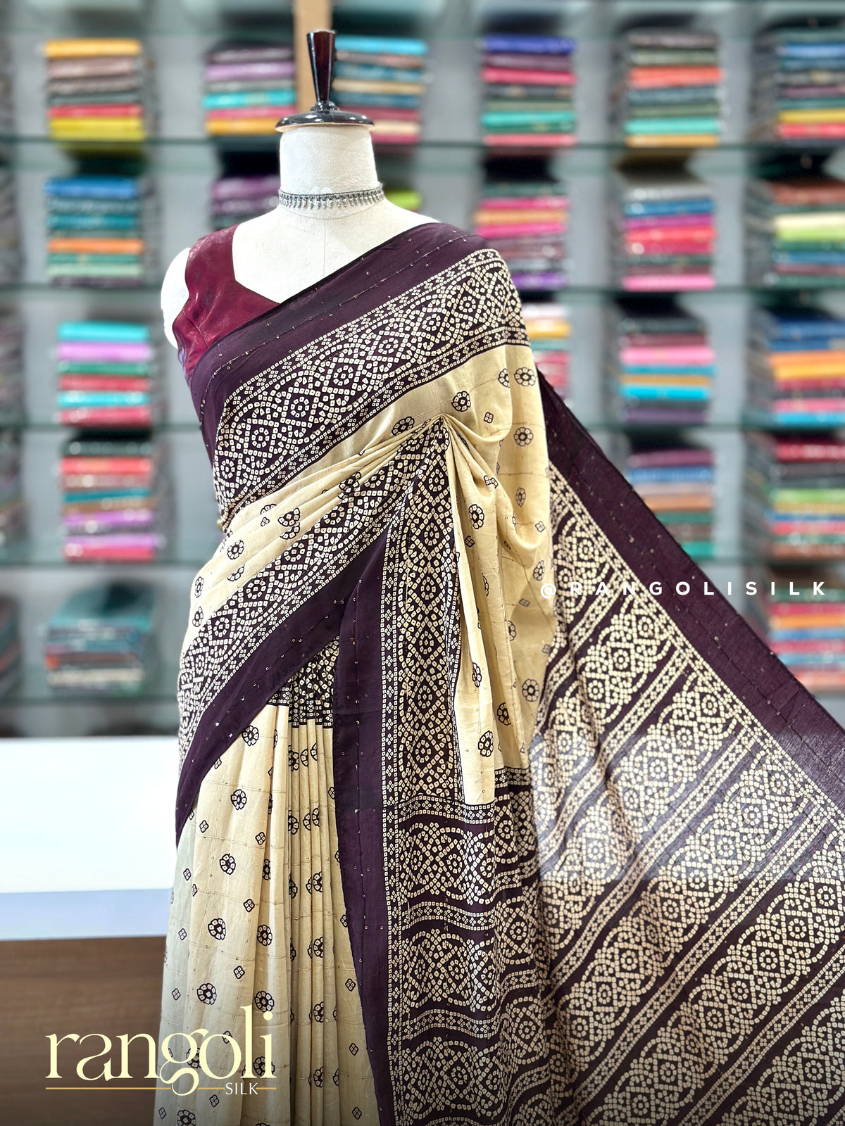 Cotton Saree with Floral Prints, Sequence Work & Bandhani Border - Post 1052