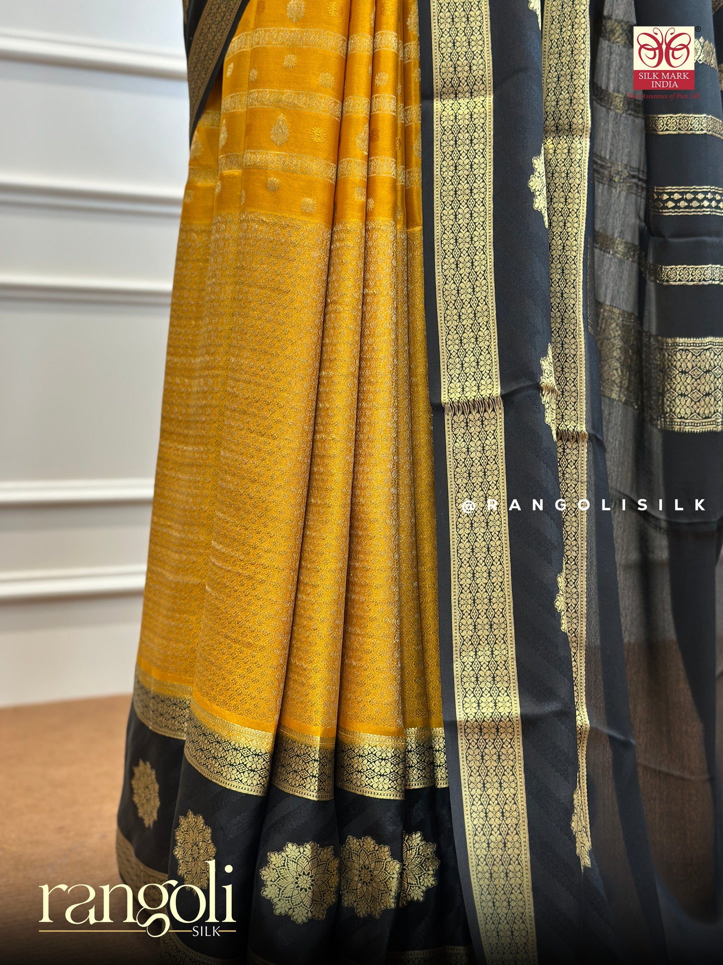 Pure Crepe Silk Saree in Mustard & Black - Post 440