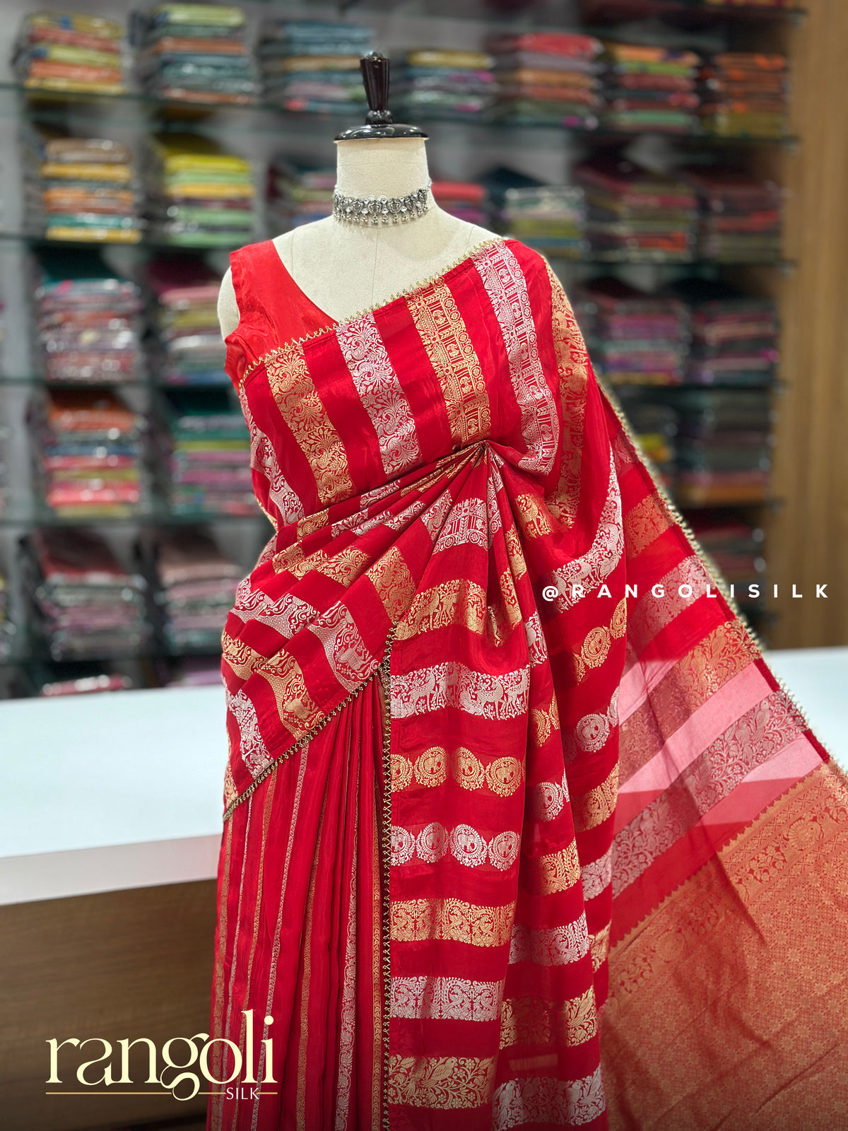 Banaras Saree with Gold Silver Zari Stripes and Bead Tassel Border - Post 1051