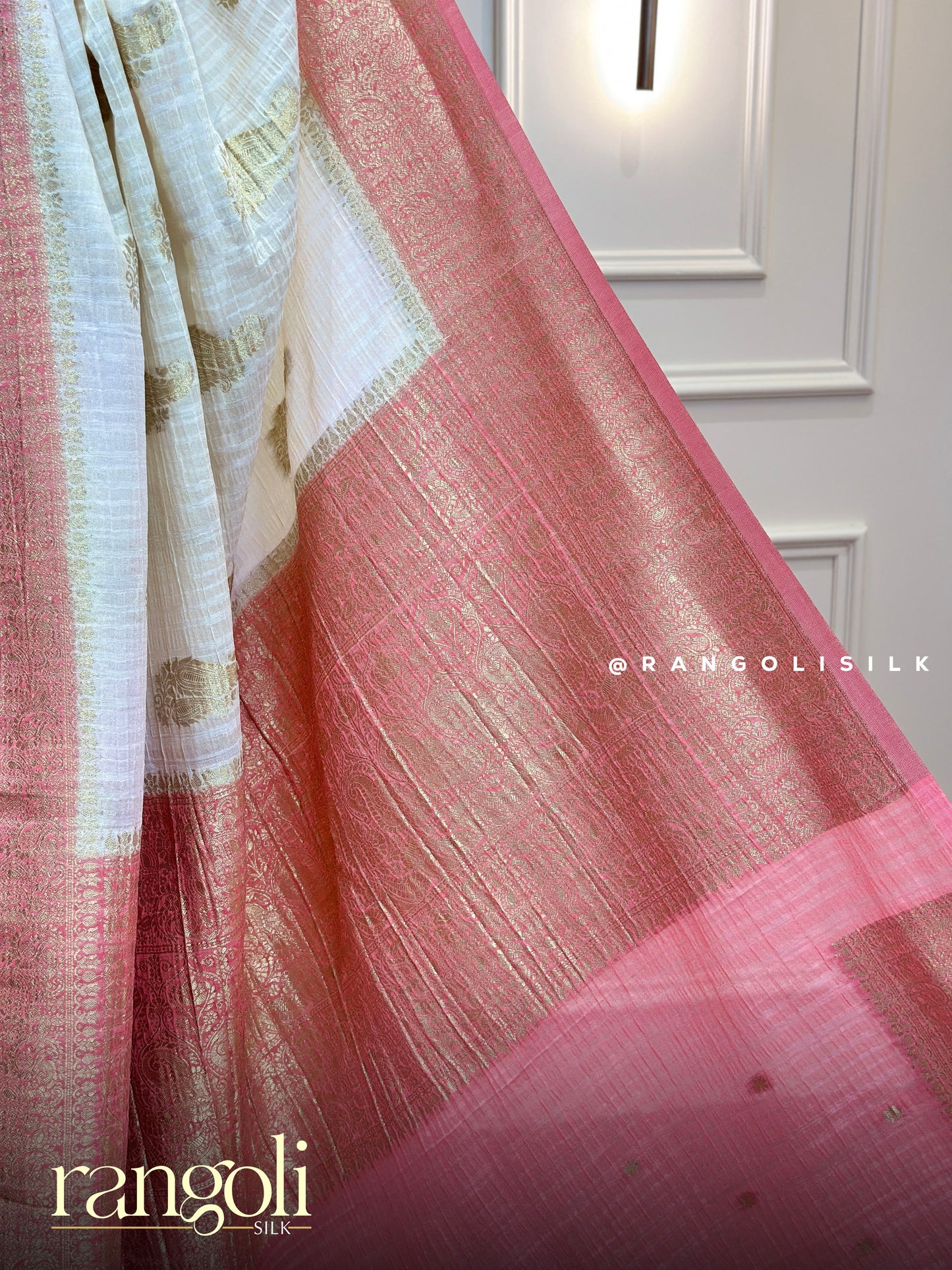 Banarasi Chiffon Georgette Saree in Ivory with Gold Motifs & Pink Border - Post 842