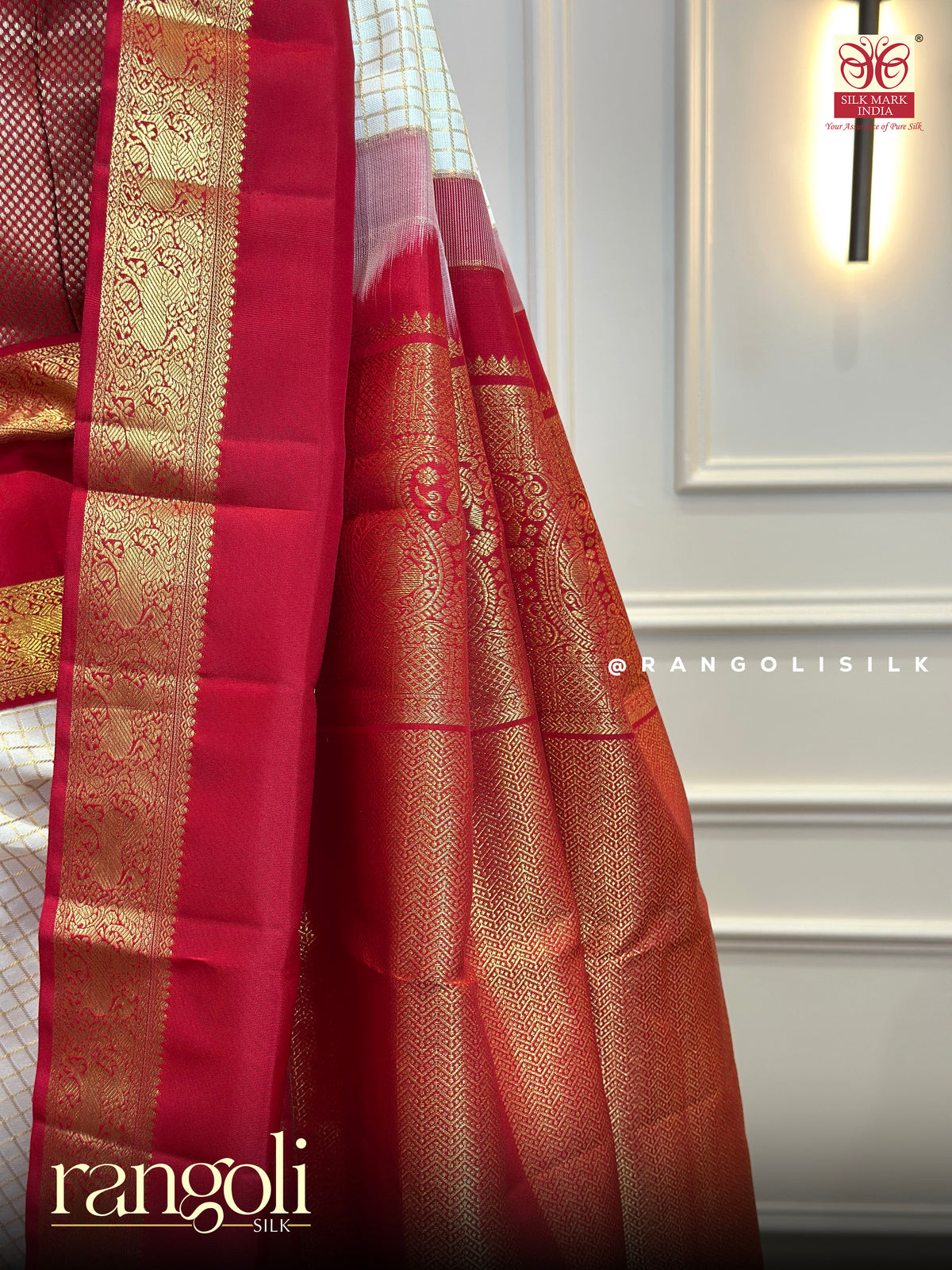 Pure Kanjivaram Silk Saree with Checks Pattern & Bentex Zari Border - Silk Mark Certified - Post 1053