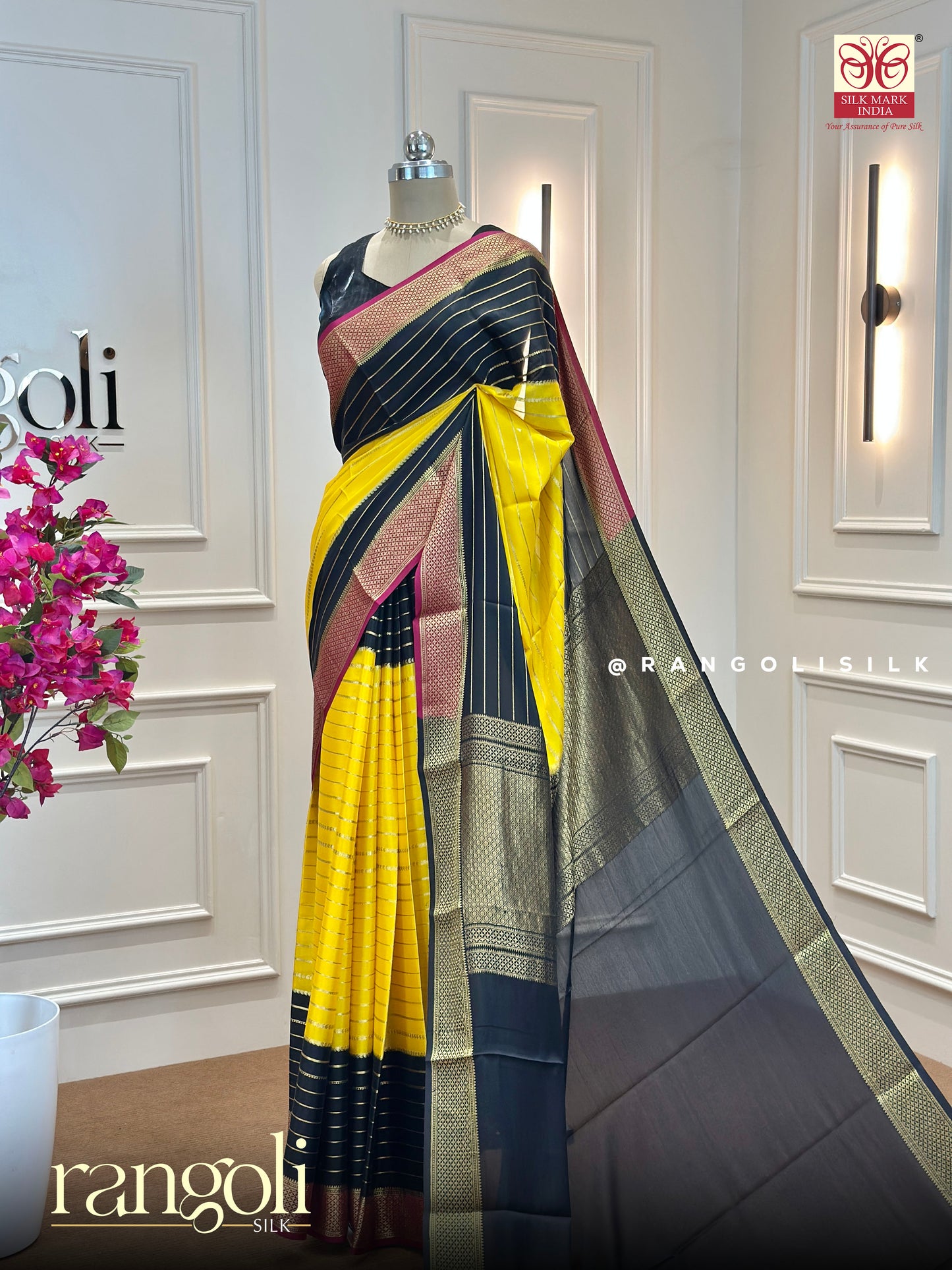 Pure Mysore Silk Saree in Vibrant Yellow with Black & Maroon 3D Pattern - Post 542