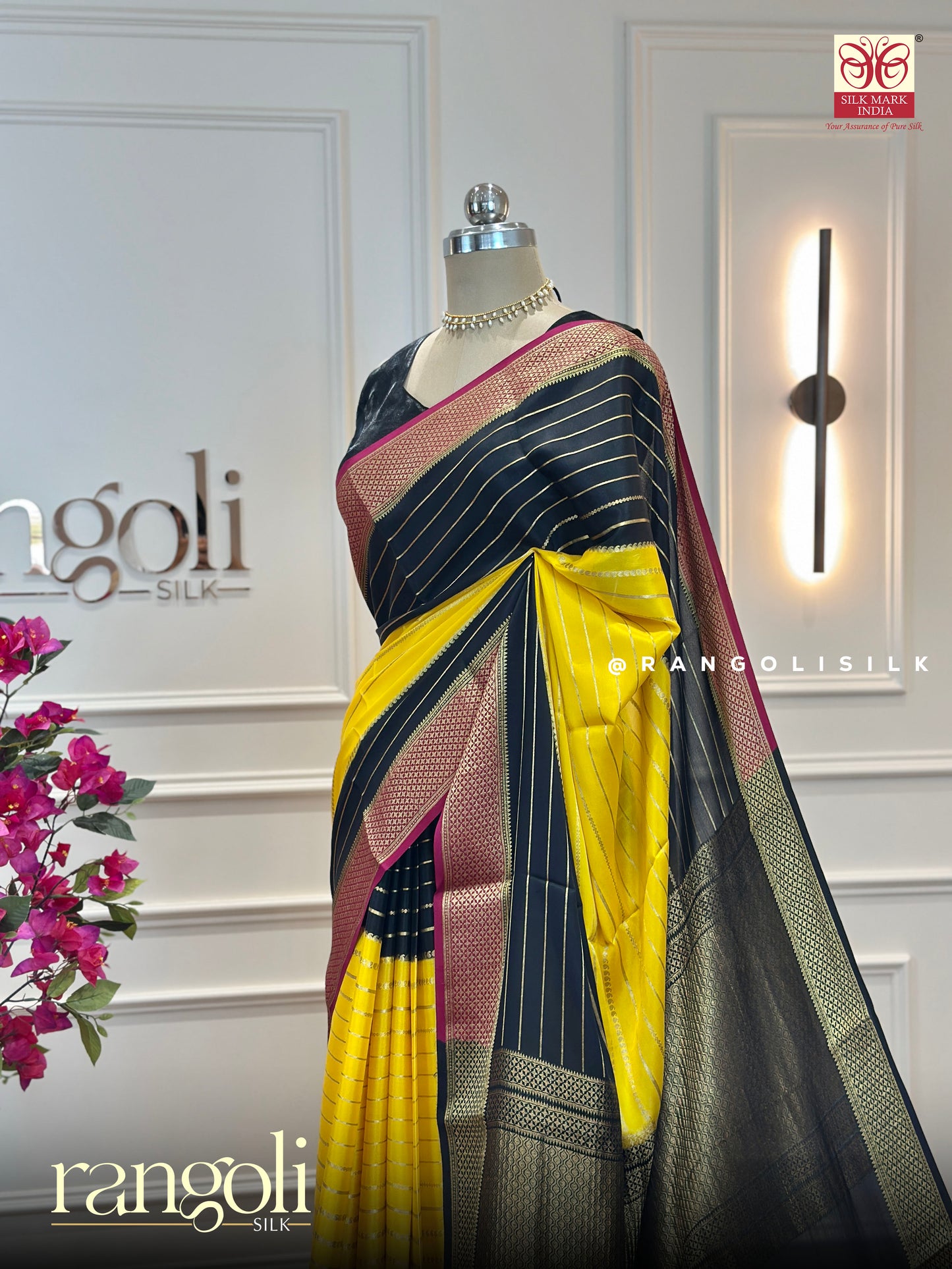 Pure Mysore Silk Saree in Vibrant Yellow with Black & Maroon 3D Pattern - Post 542